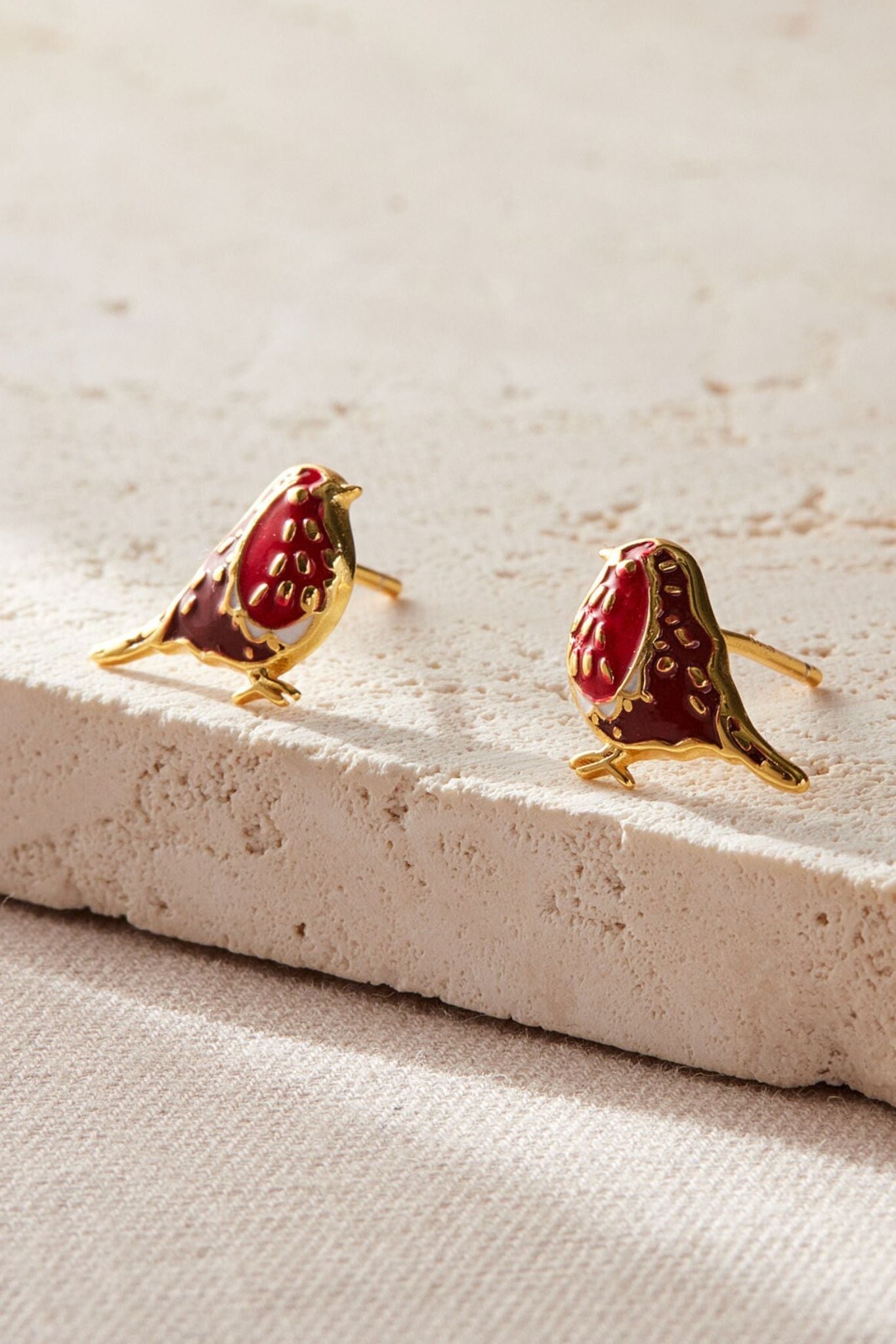 Gold Red Robins Sterling Silver Christmas Stud Earrings Dainty Birds, Image 3 of 3