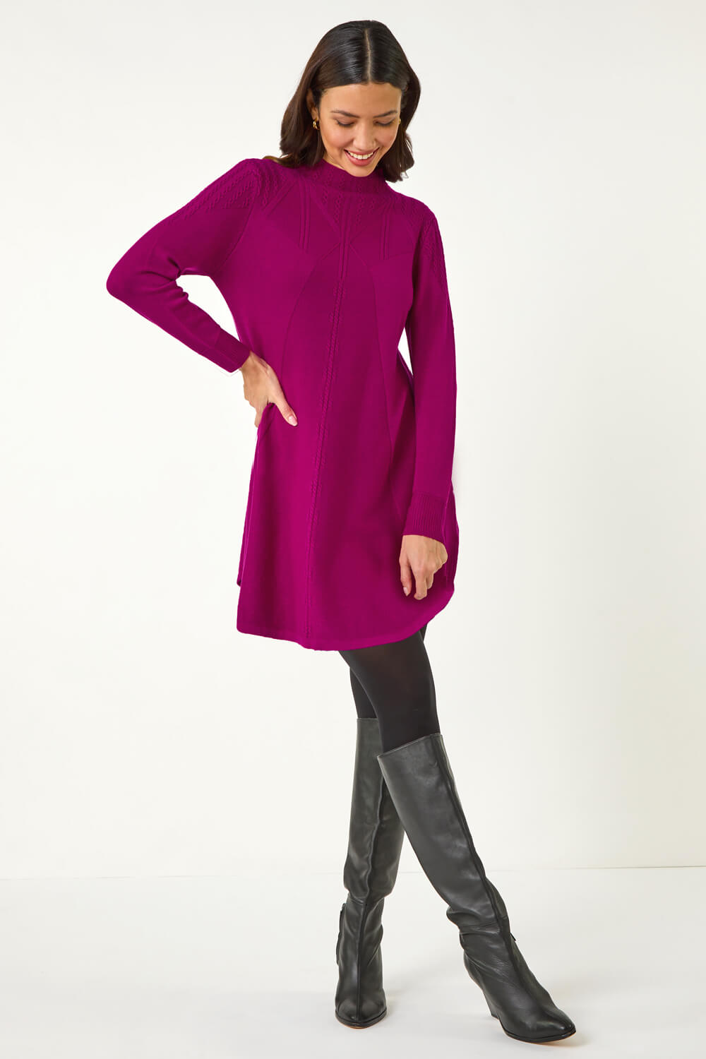 MAGENTA V Stitch High Neck Knitted Dress, Image 3 of 5