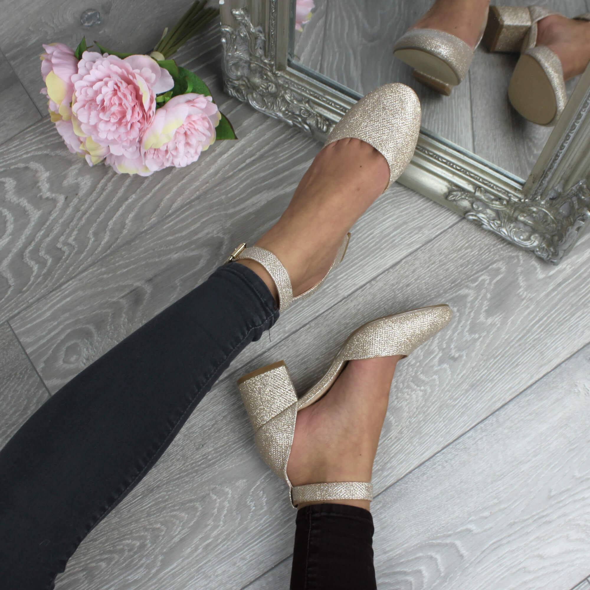 Rose Gold AJVANI Rose Gold Mid Block Heel Ankle Strap 2 Part Heels, Image 5 of 6