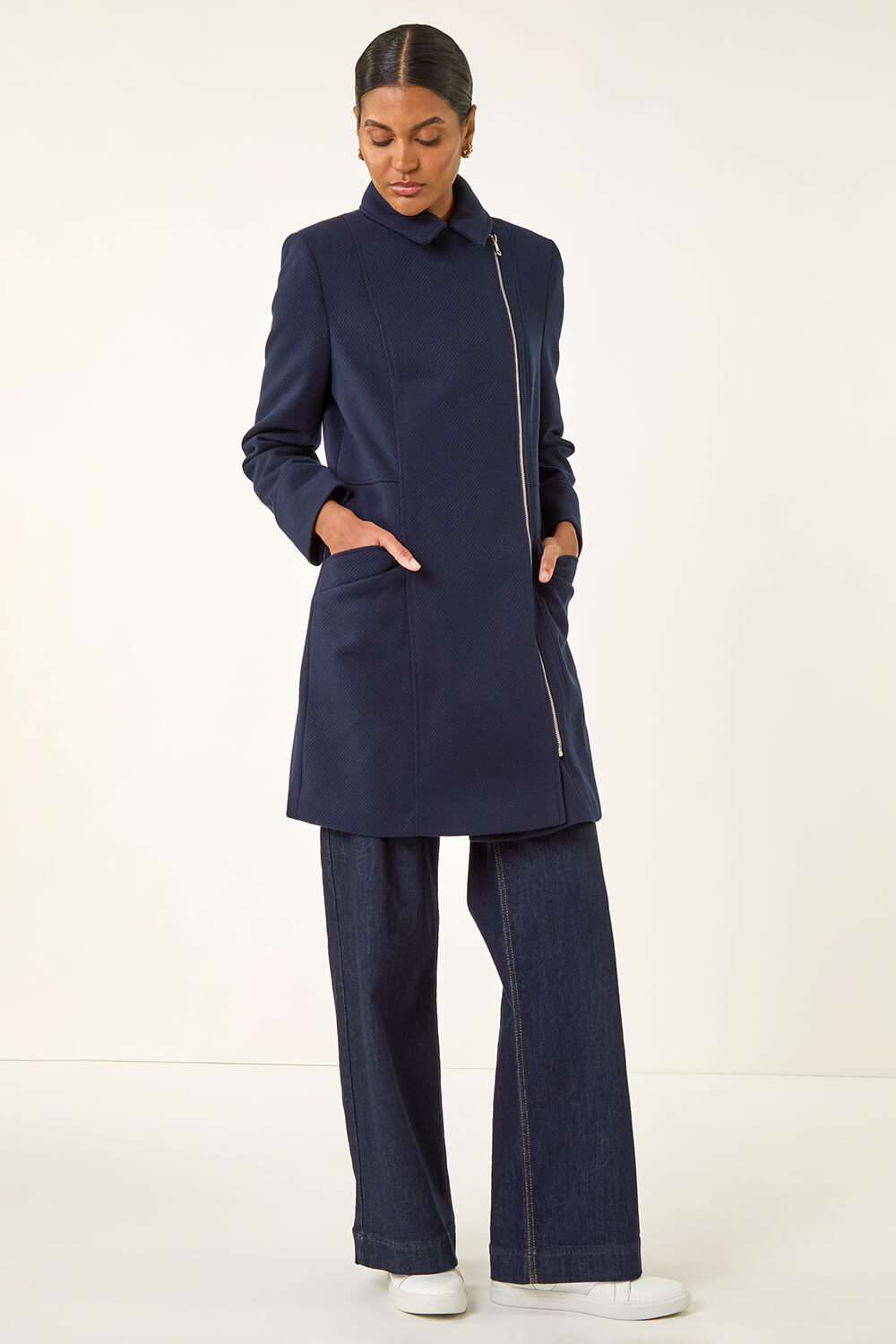 Navy Longline Biker Coat, Image 3 of 5