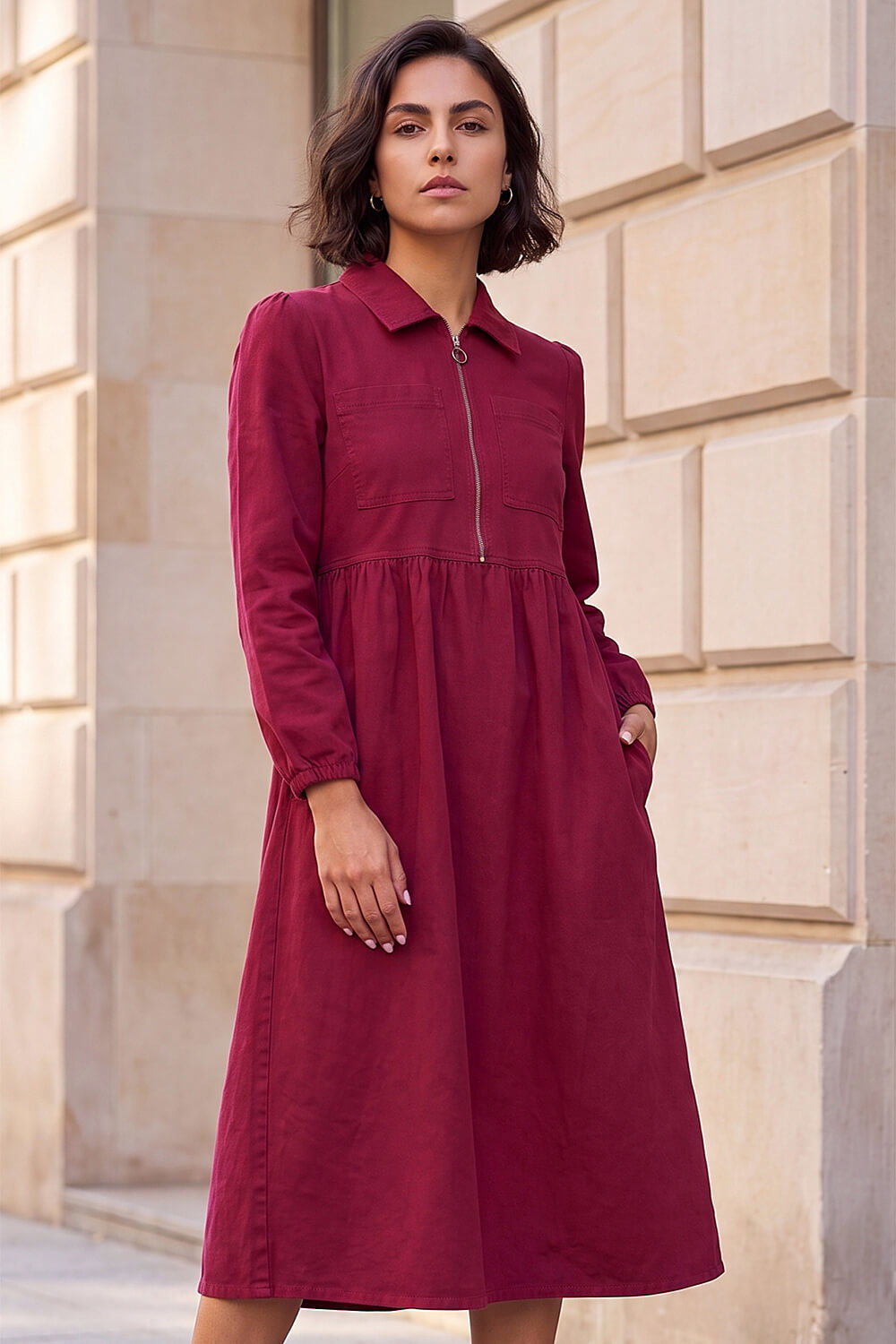 Roman Women's Wine Front Zip Midi Dress Size 20