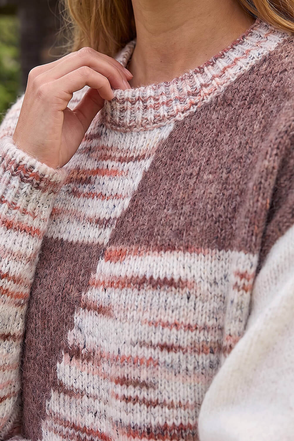 Neutral Textured Colour Block Knit Jumper, Image 5 of 4
