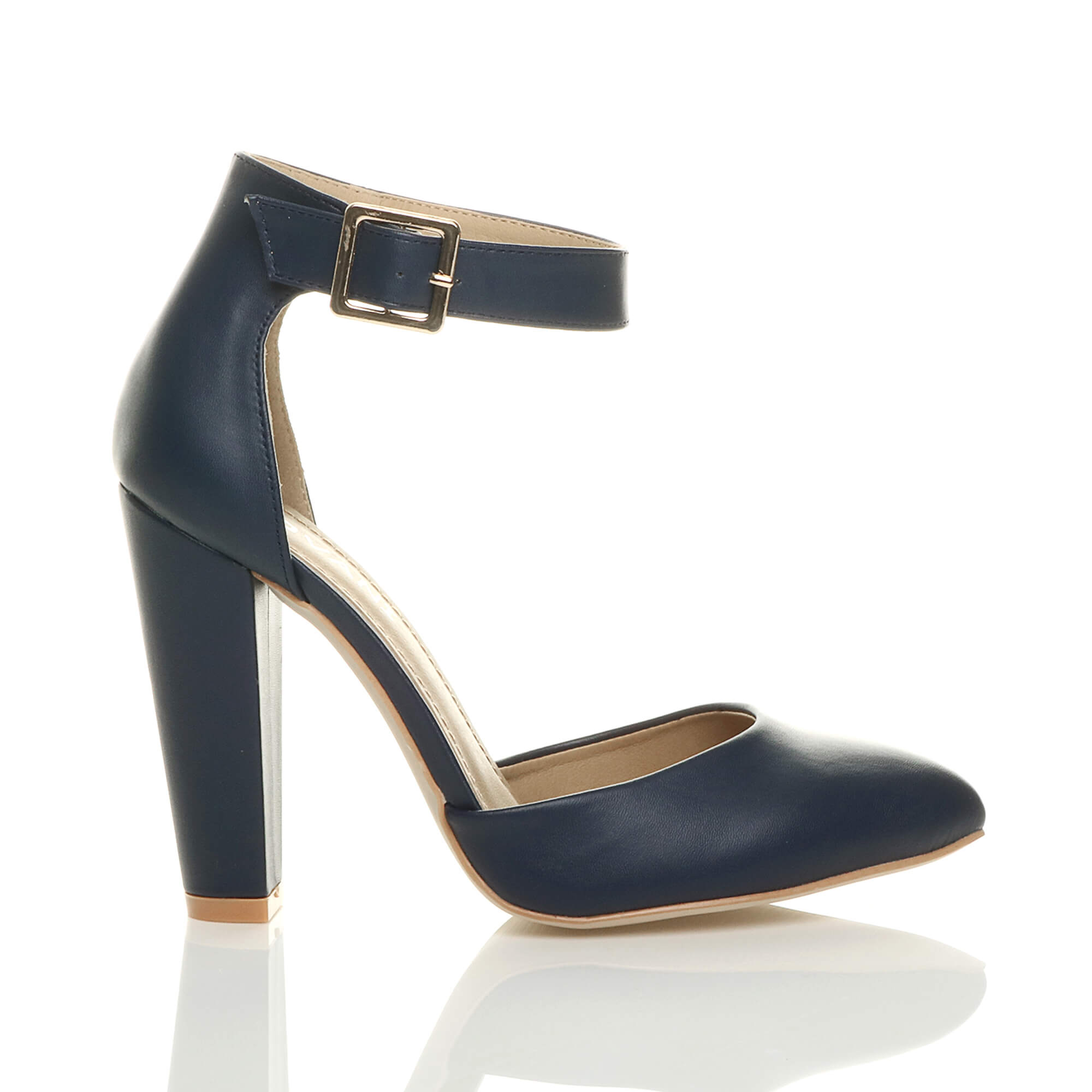 Navy Blue High Heel Ankle Strap Pointed Toe Court Shoes, Image 2 of 6