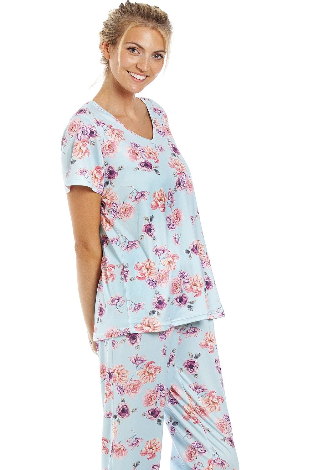Light Blue Camille Lingerie Light Blue Lightweight Floral Print Pyjama Set, Image 3 of 5