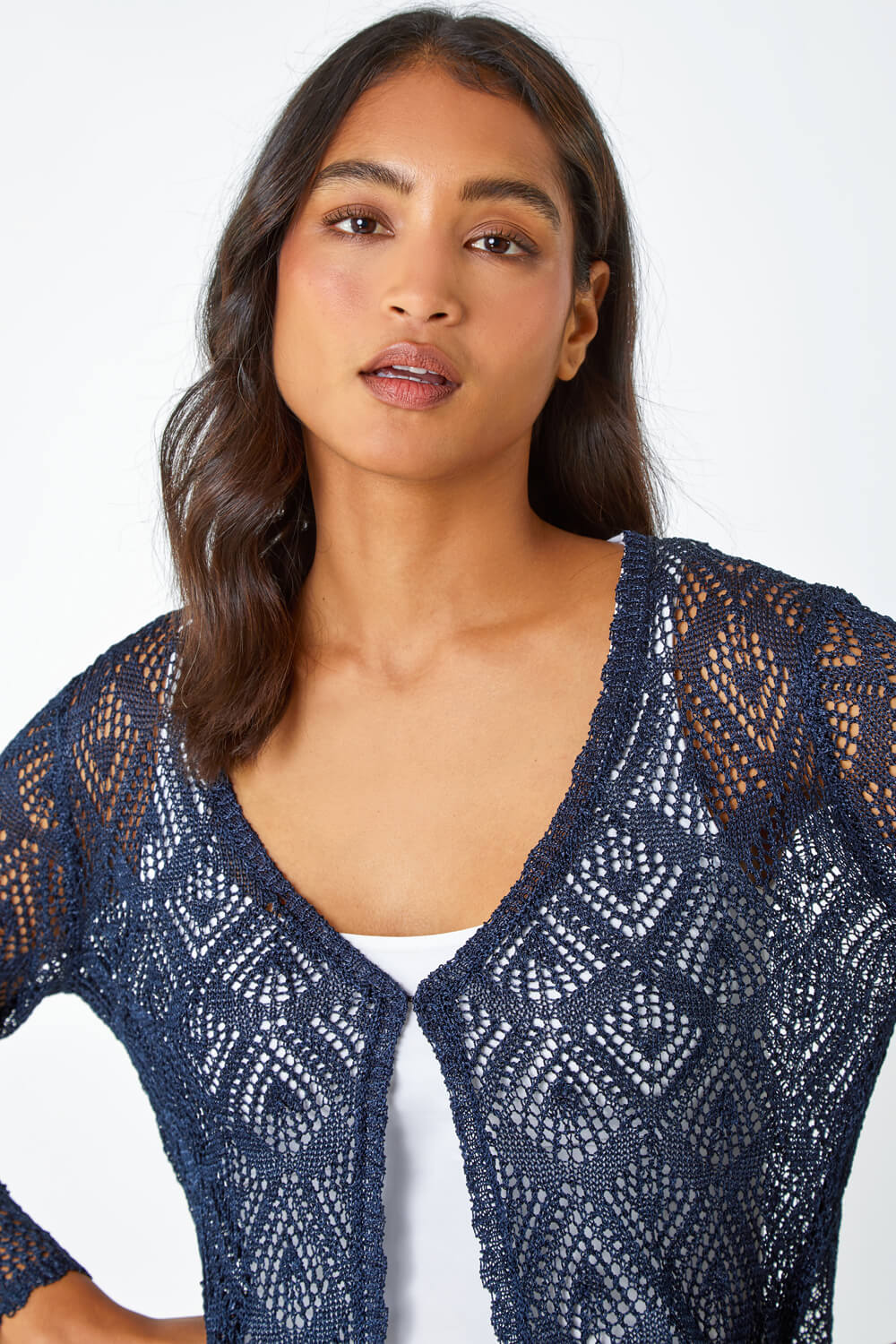 Navy Knitted Crochet Shimmer Shrug, Image 5 of 5