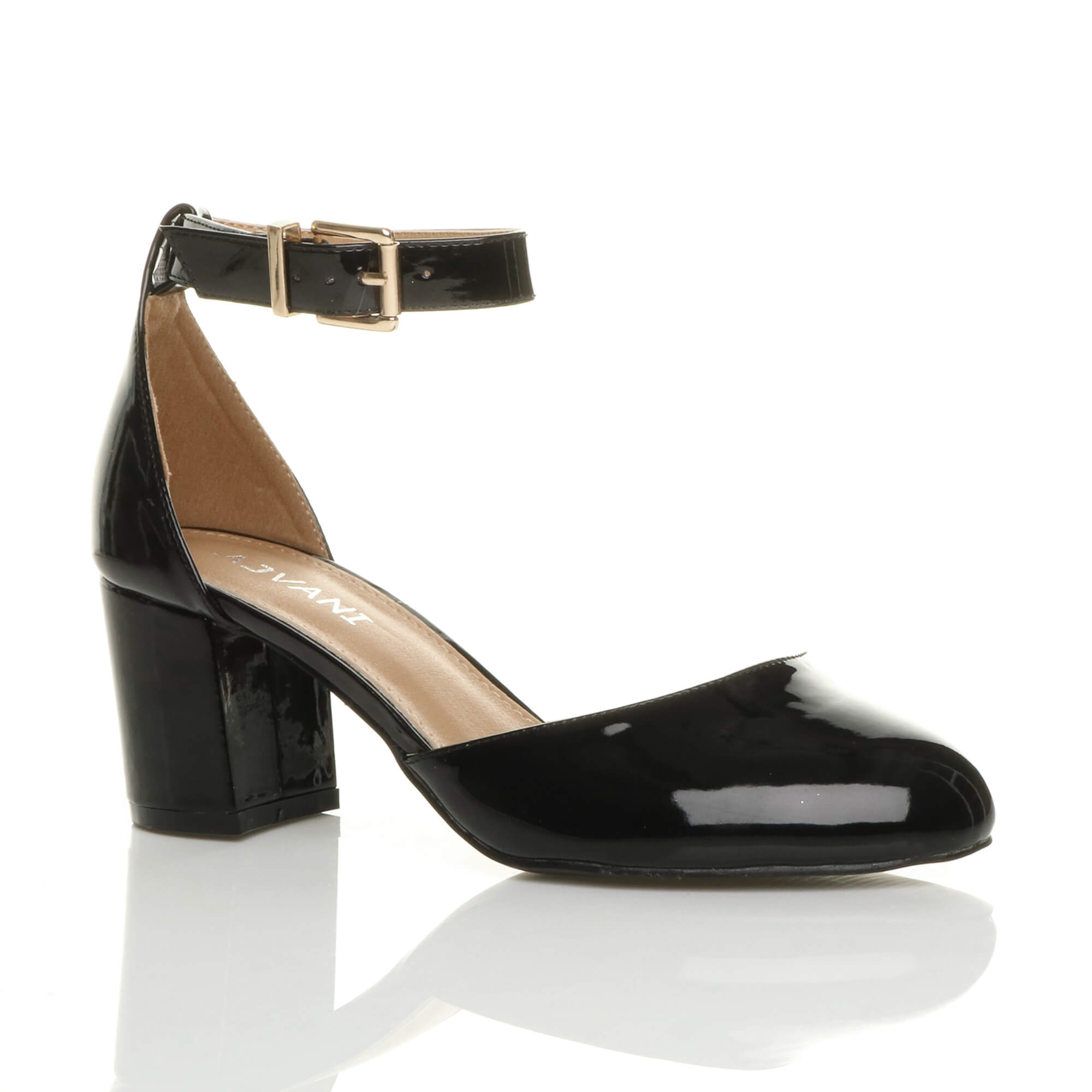 Black AJVANI Black Mid Block Heel Ankle Strap 2 Part Heels, Image 1 of 6