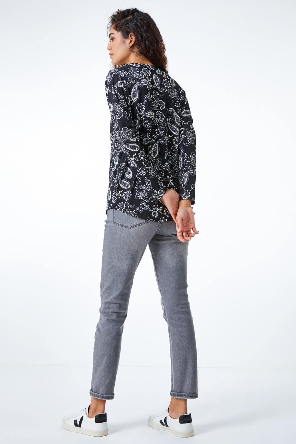 Black Paisley Print Zip Front Top , Image 4 of 5