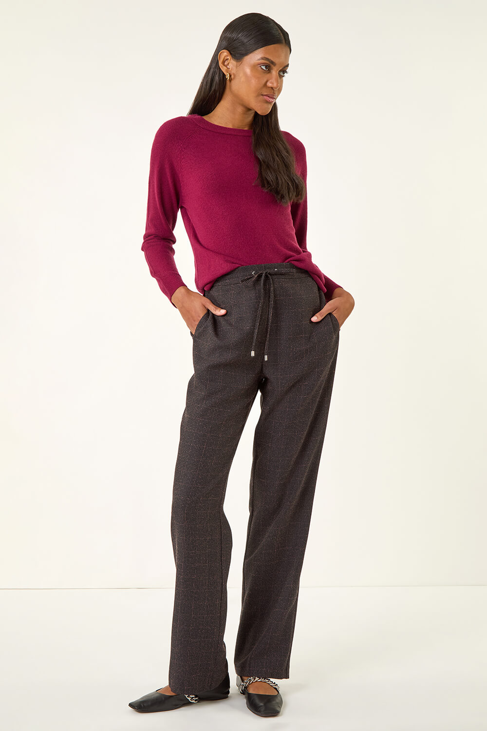 Aubergine Check Elasticated Waist Drawcord Trouser, Image 3 of 5