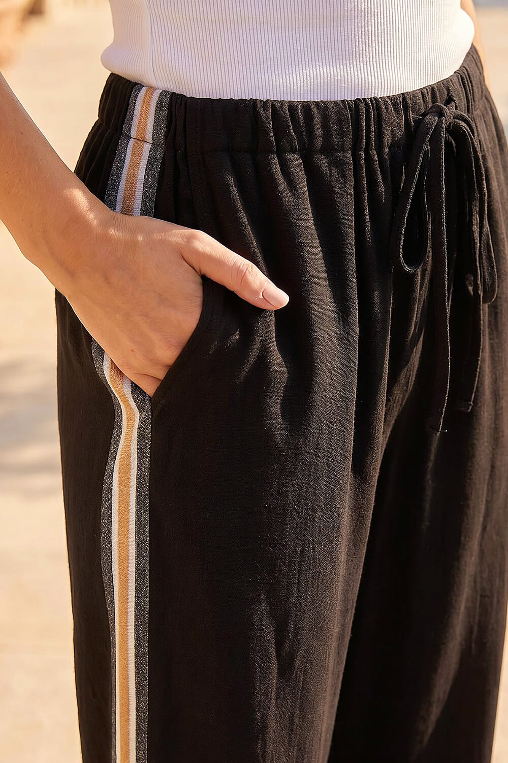 Black Petite Linen Blend Side Stripe Trouser, Image 5 of 4