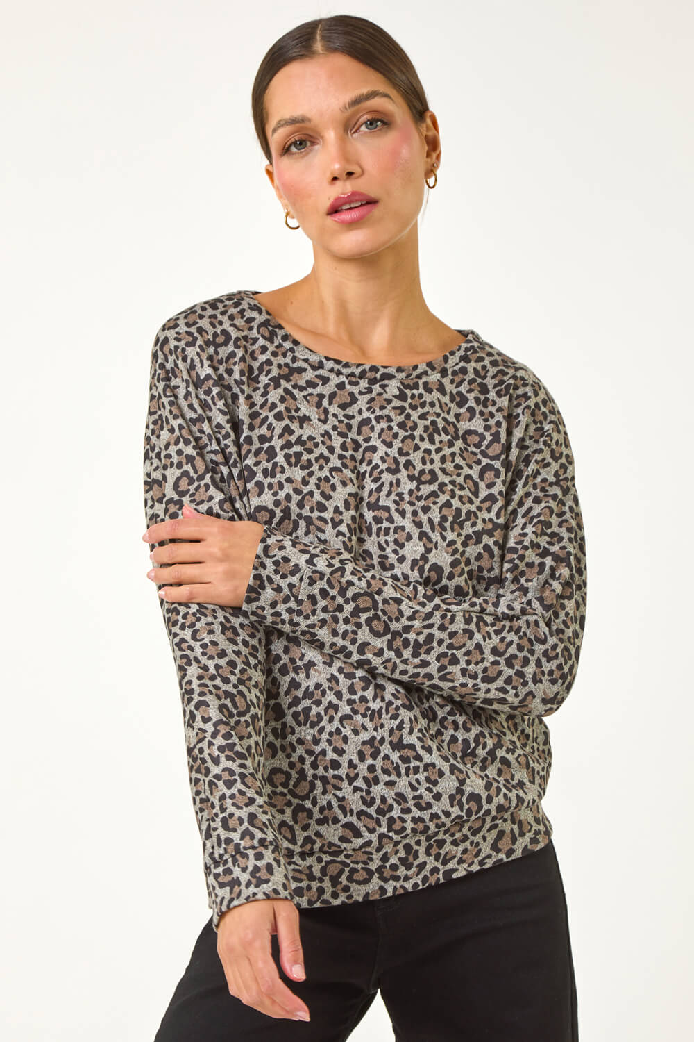 Natural  Animal Print Banded Hem Top, Image 3 of 5