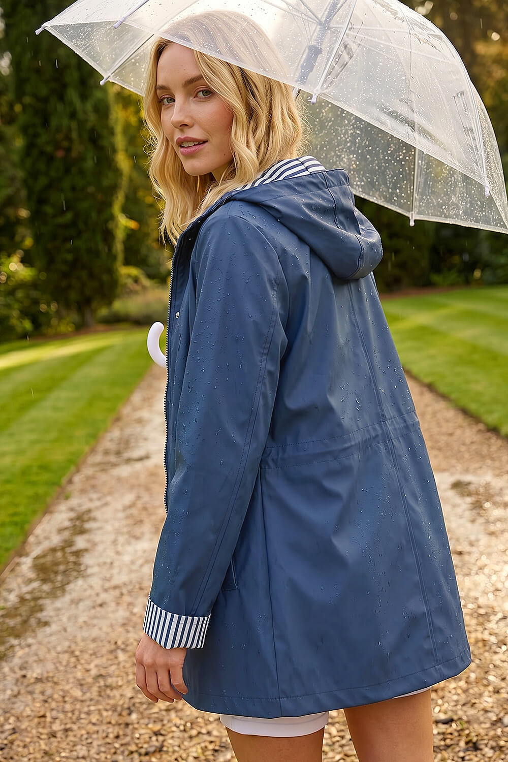 Navy Hooded Stripe Rain Jacket , Image 4 of 4