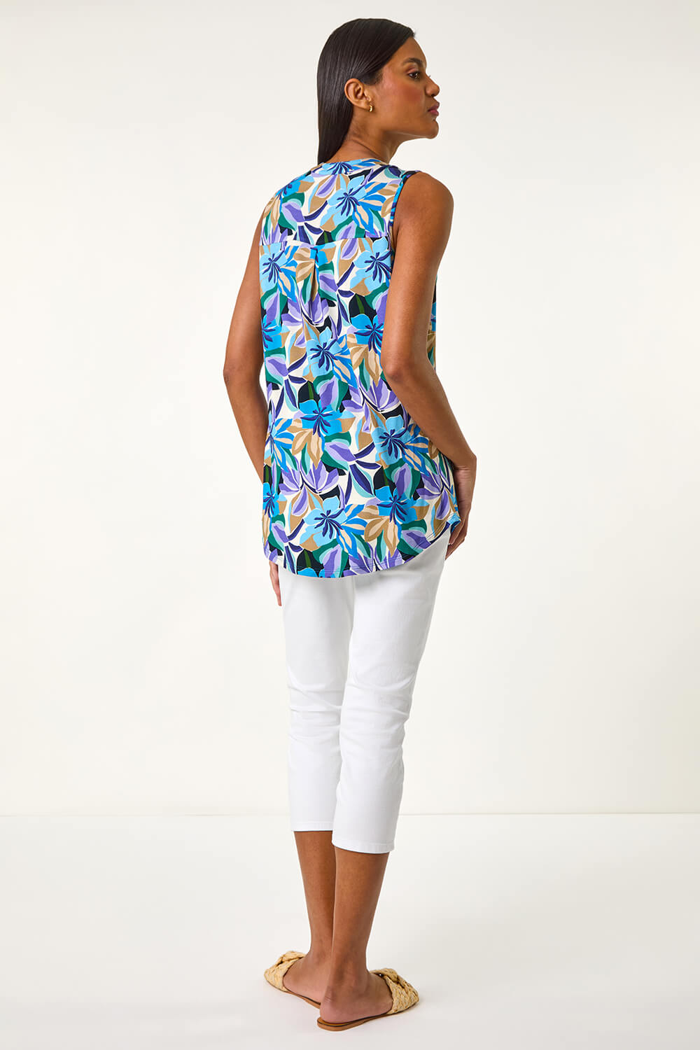 Blue Floral Print Notch Neck Vest Top, Image 4 of 5