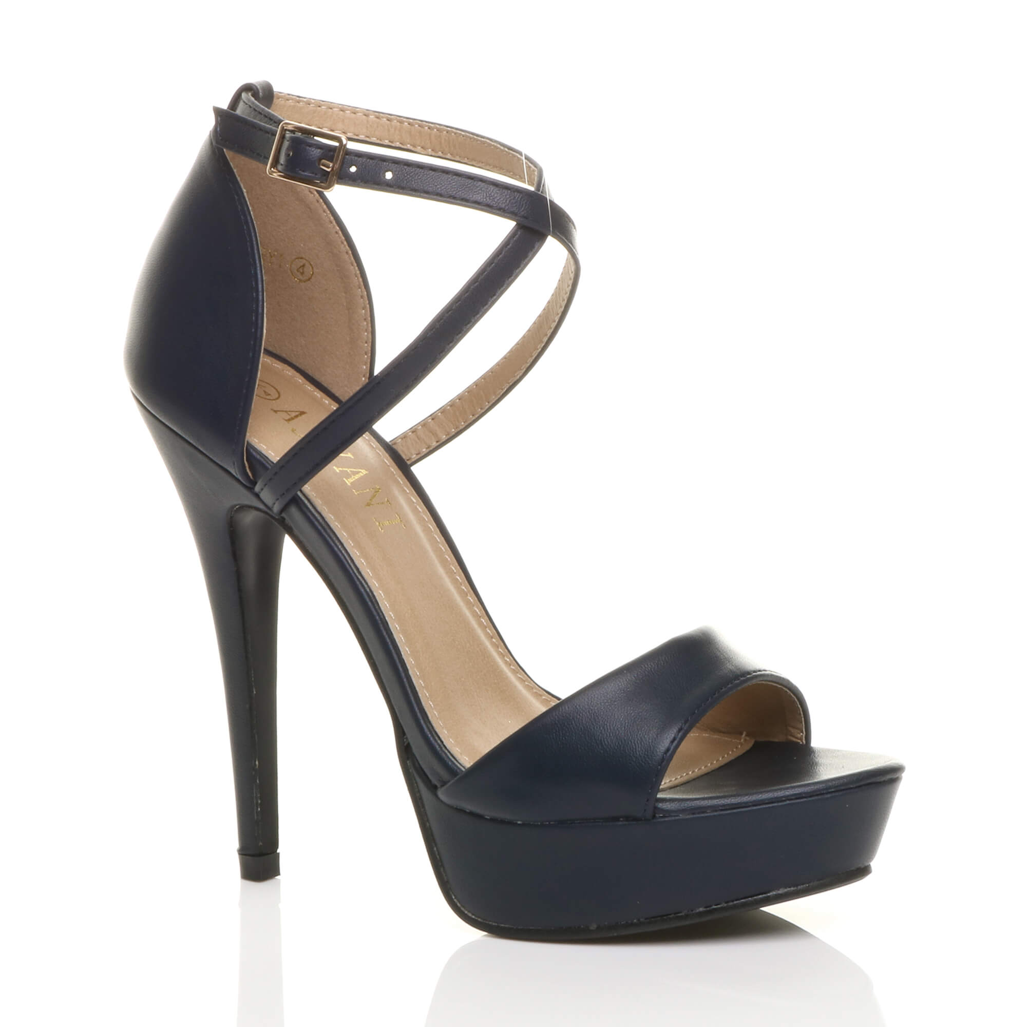 Navy Blue AJVANI Navy Blue High Heel Crossed Straps Platform Sandals, Image 1 of 6