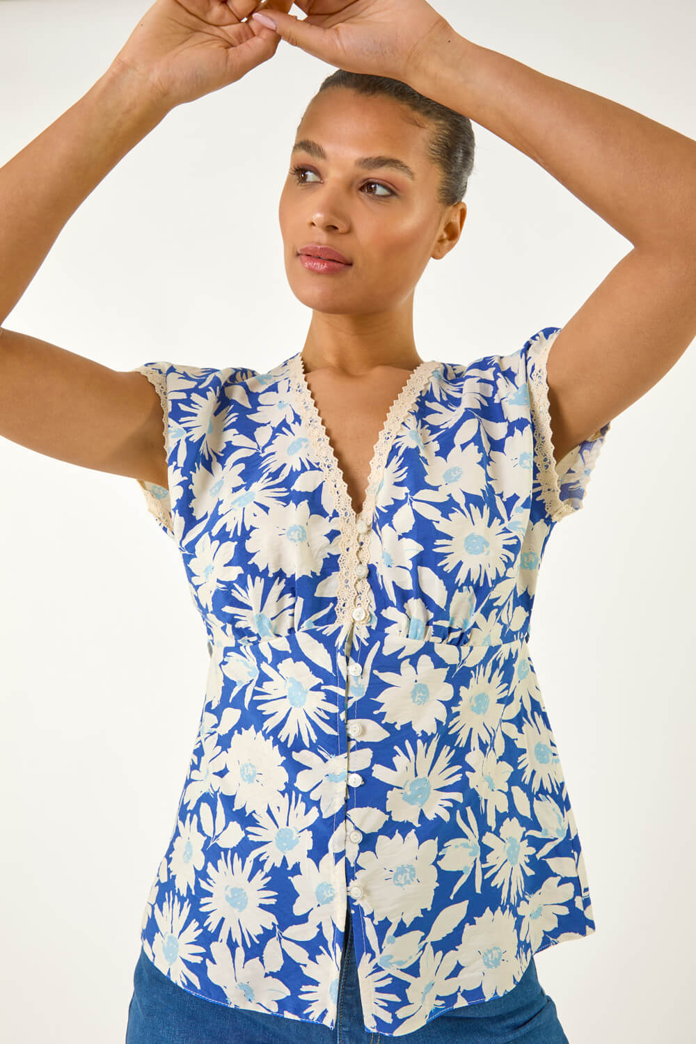 Blue Floral Print Lace Trim Top, Image 1 of 5