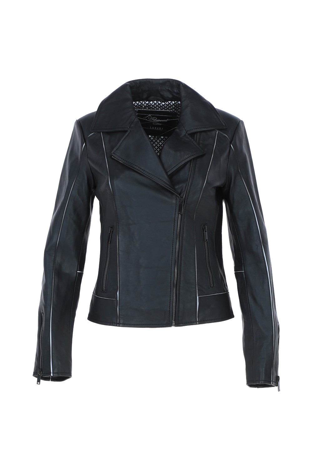 Black Genuine Leather Biker Jacket with Zippered Pockets, Image 2 of 5