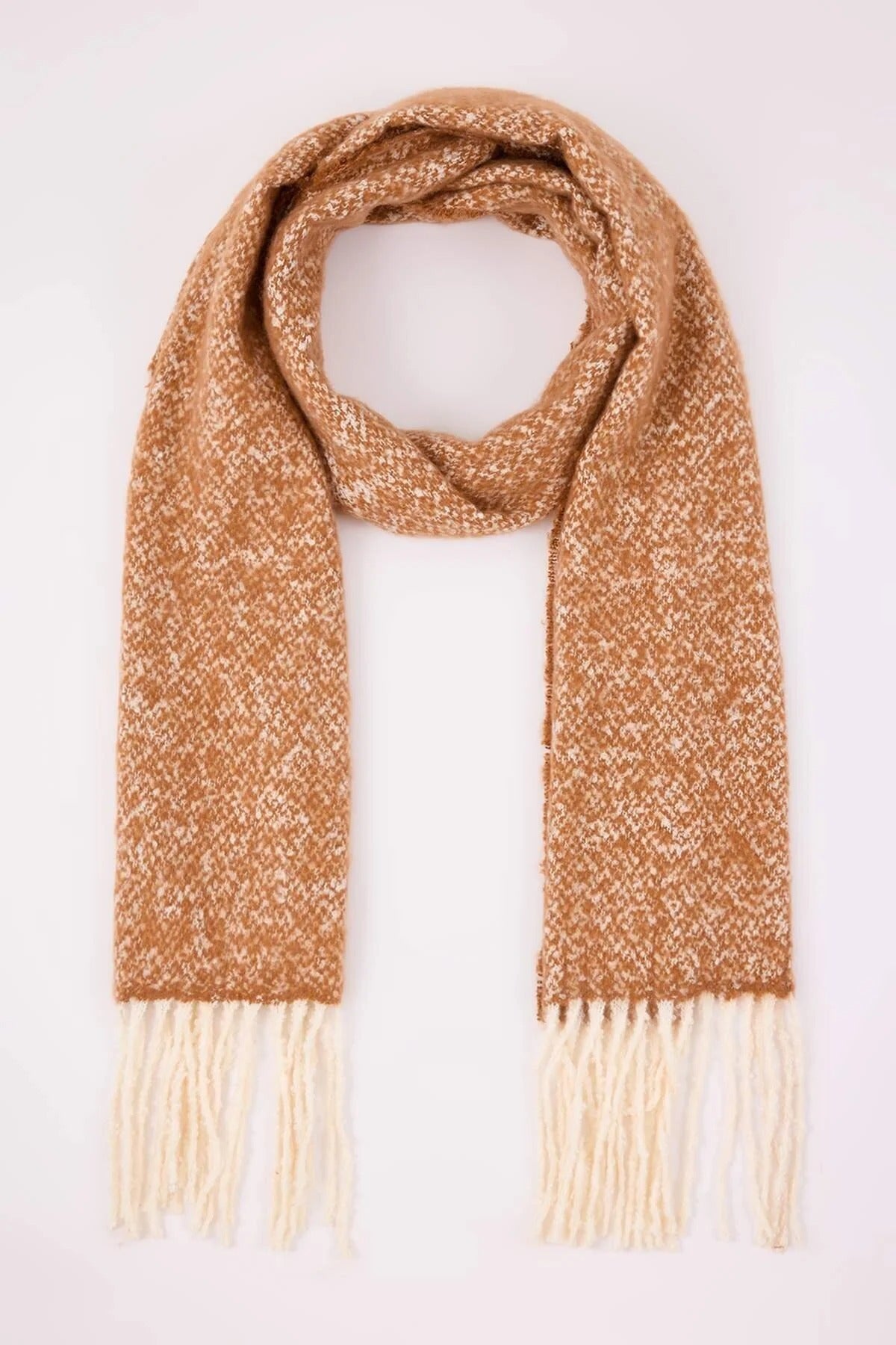 Brown WOVCOR Brown Contrast Tassel Marled Boucle Oversized Winter Scarf, Image 1 of 2