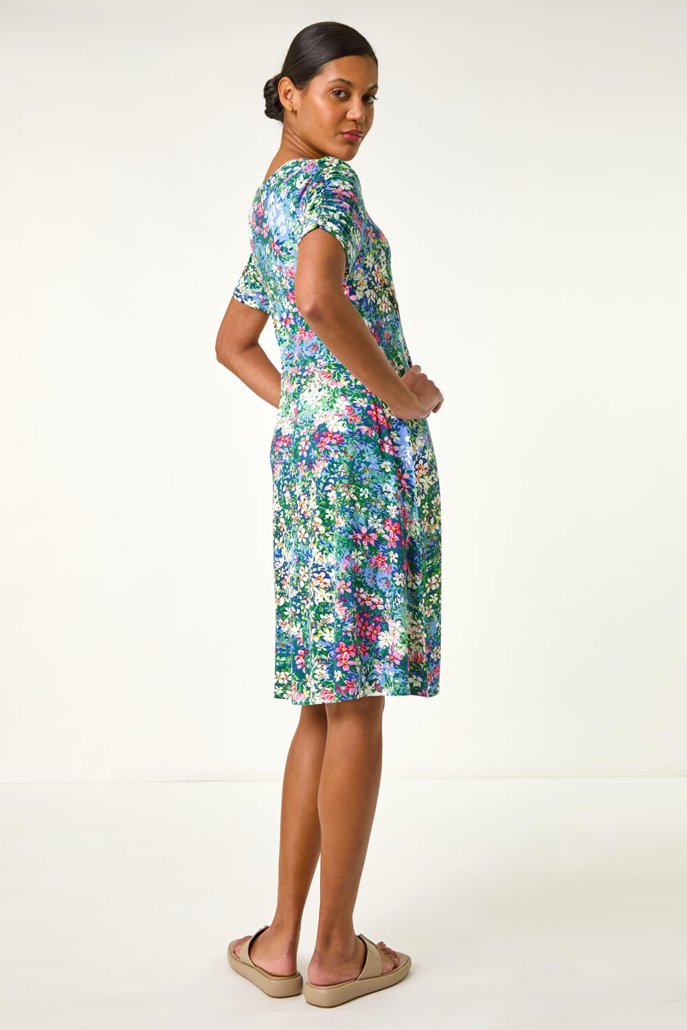 Green Ditsy Floral Print Stretch Short Dress, Image 4 of 5