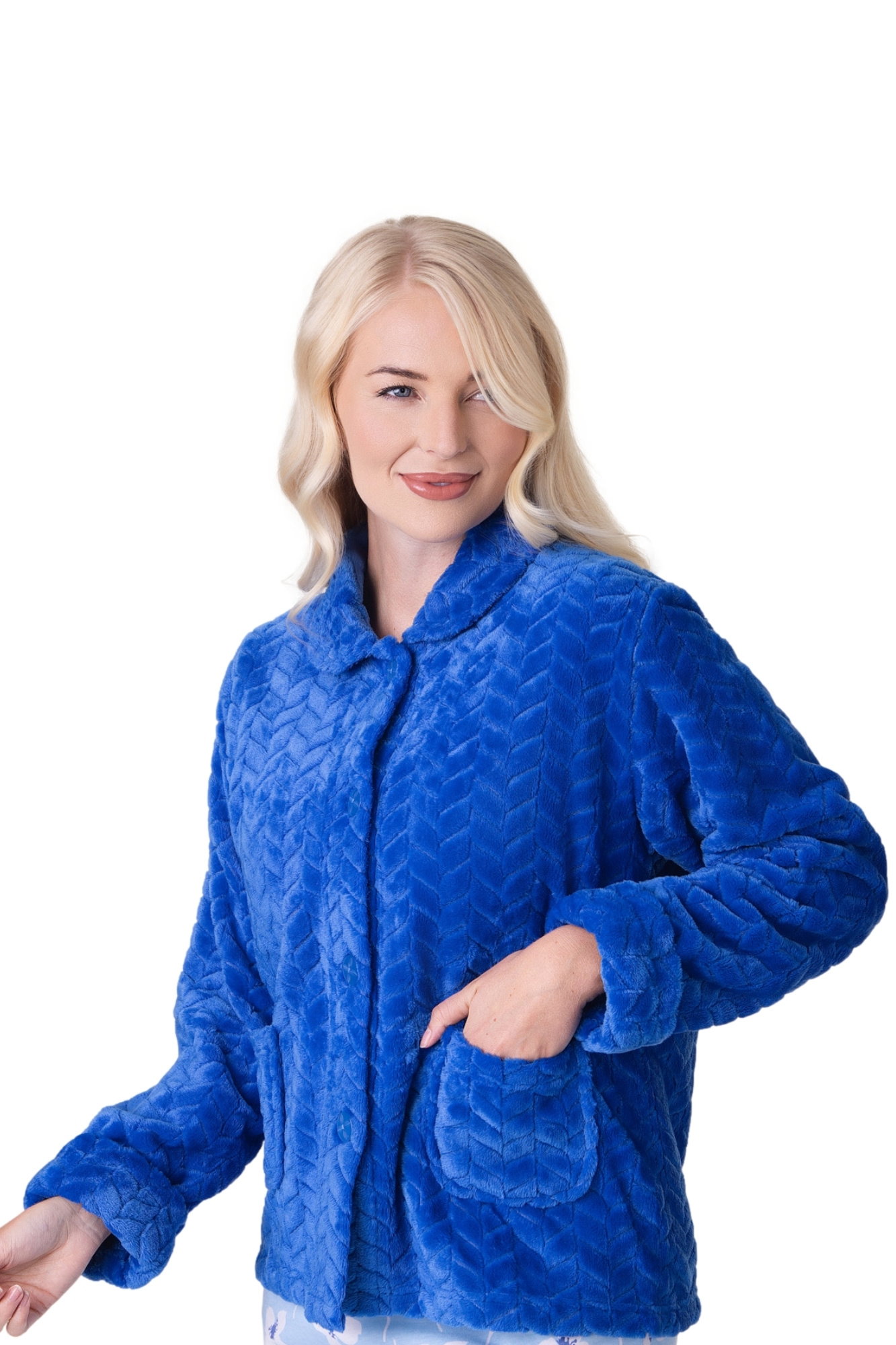 Blue Camille Lingerie Blue Supersoft Button Front Embossed Bed Jacket, Image 5 of 5