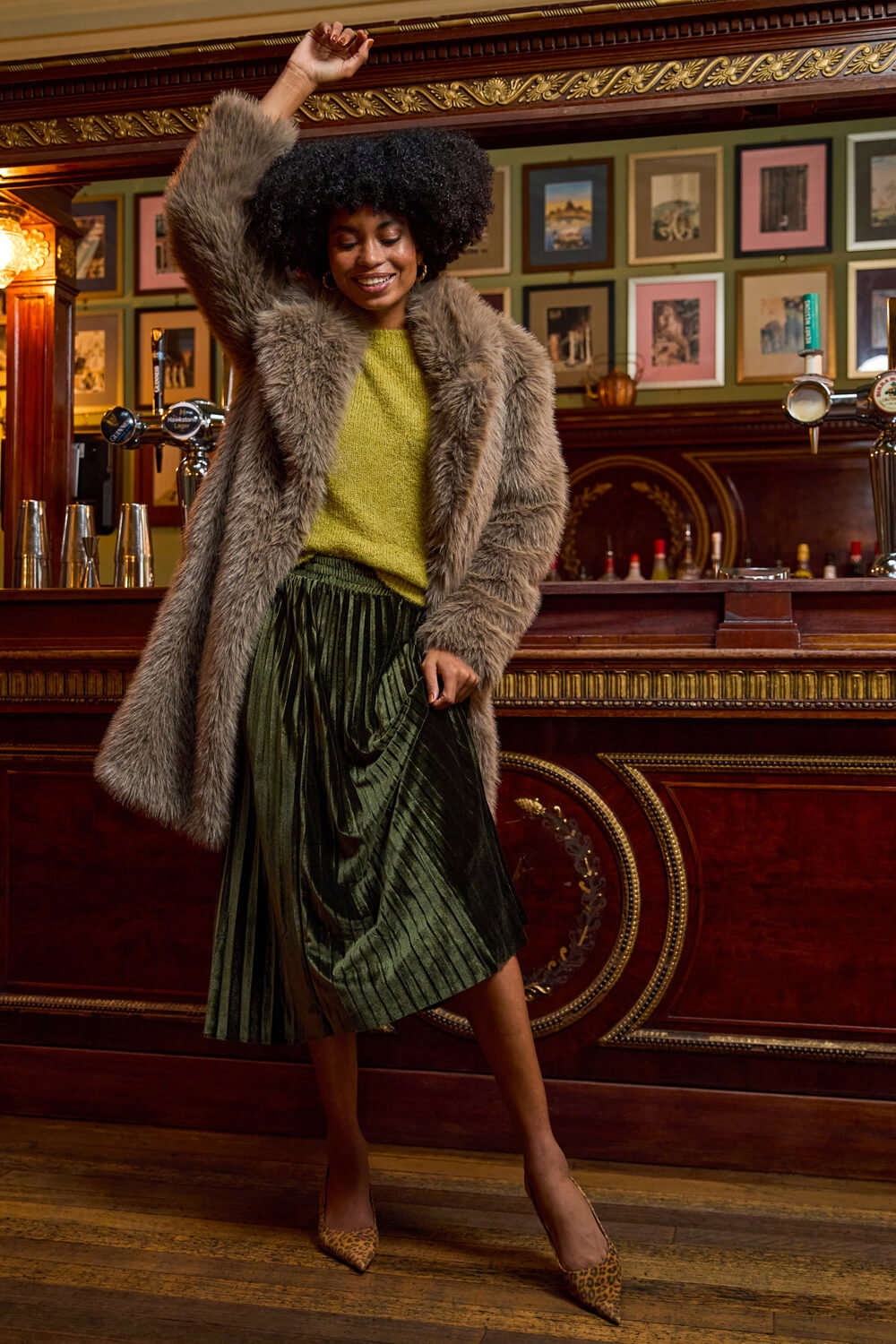 Dark Green Velvet Pleated Midi Skirt, Image 7 of 7