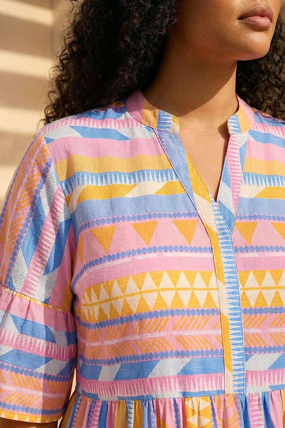 Yellow Curve Stripe Print Boho Tiered Dress, Image 5 of 4