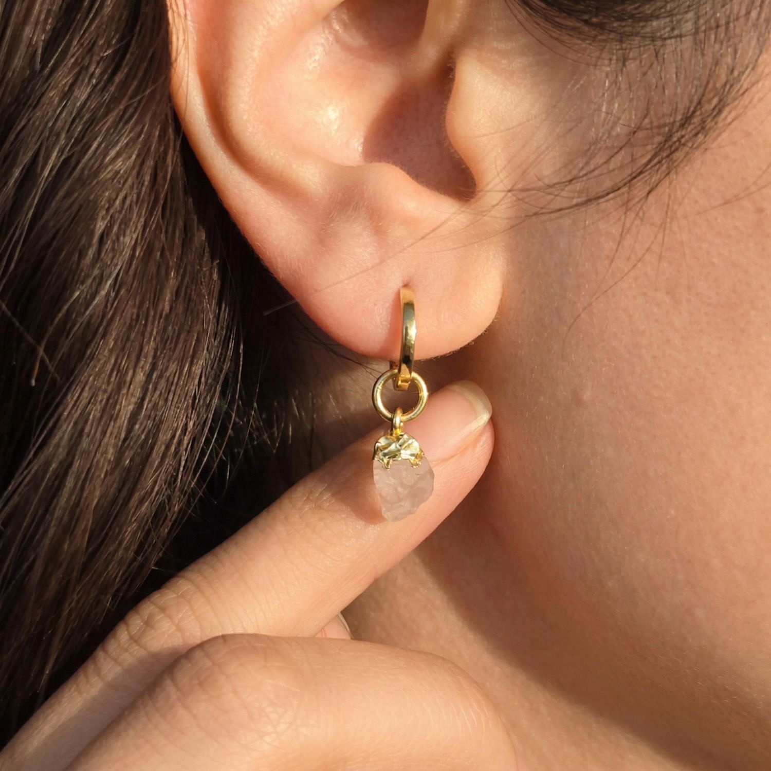 Gold Raw Rose Quartz October Birthstone Gold Plated Huggies, Image 3 of 4