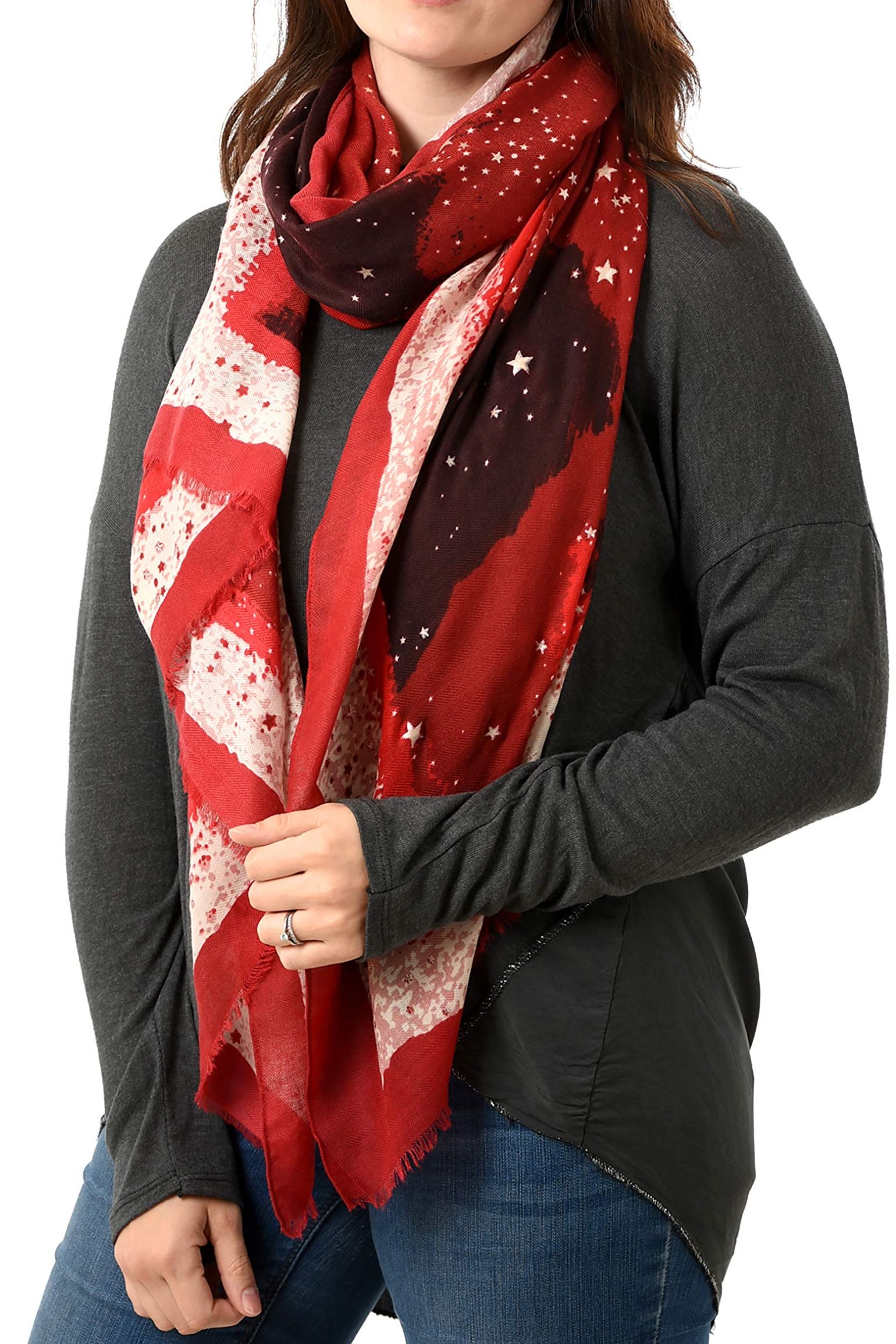 Red Star Print Lighweight Foil Scarf, Image 2 of 3