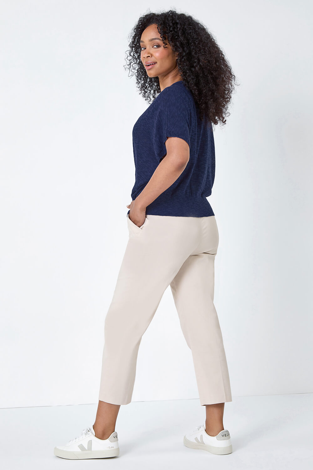 Navy  Petite Cotton Blend Textured Knit Top, Image 4 of 5