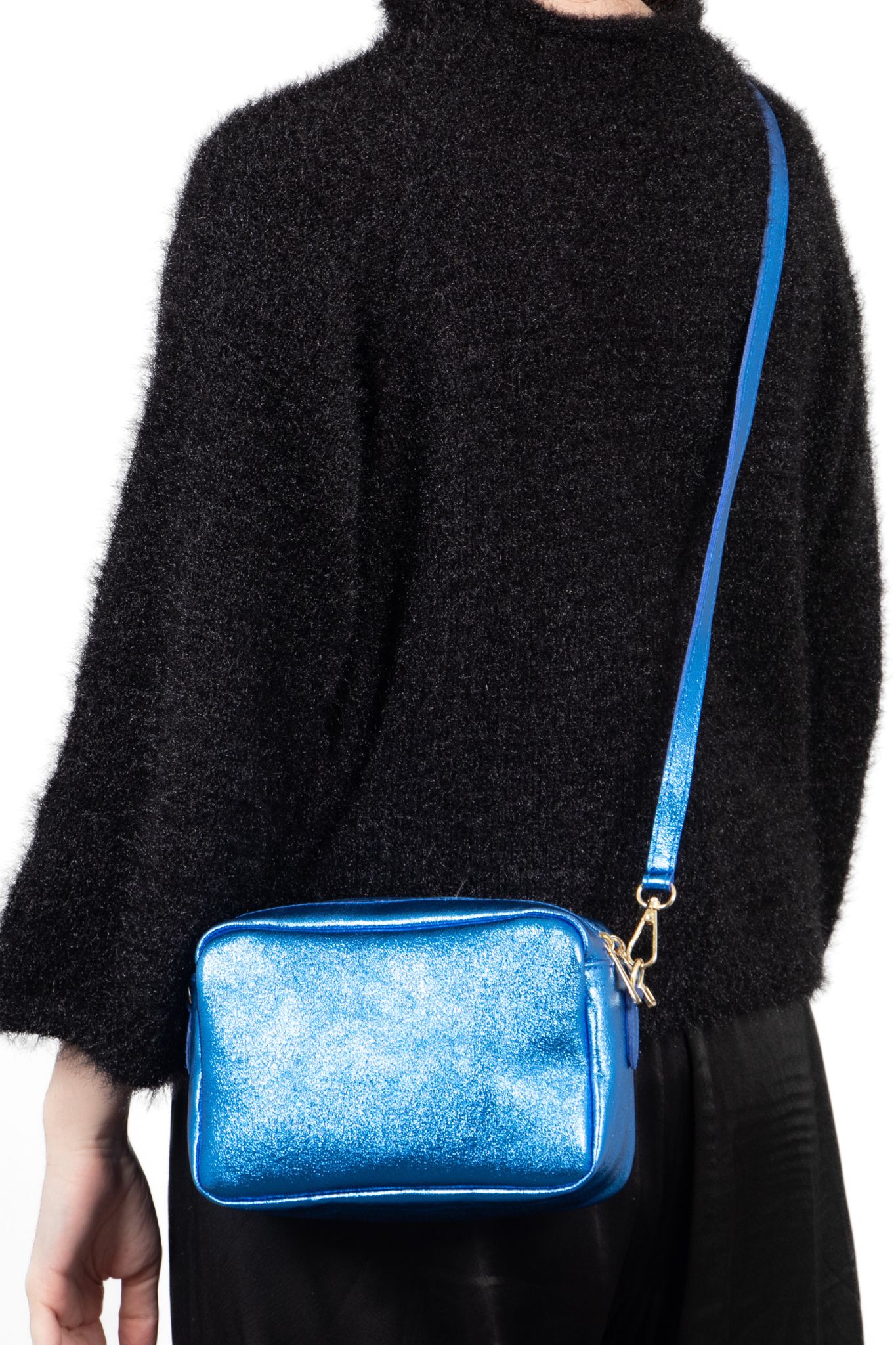 Blue Sarta Blue Double Zip Metallic Leather Crossbody Bag, Image 2 of 3