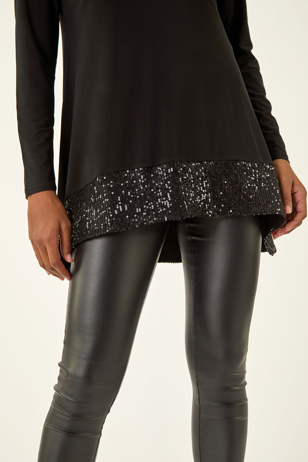 Black Sequin Hem Stretch Tunic Top, Image 6 of 5
