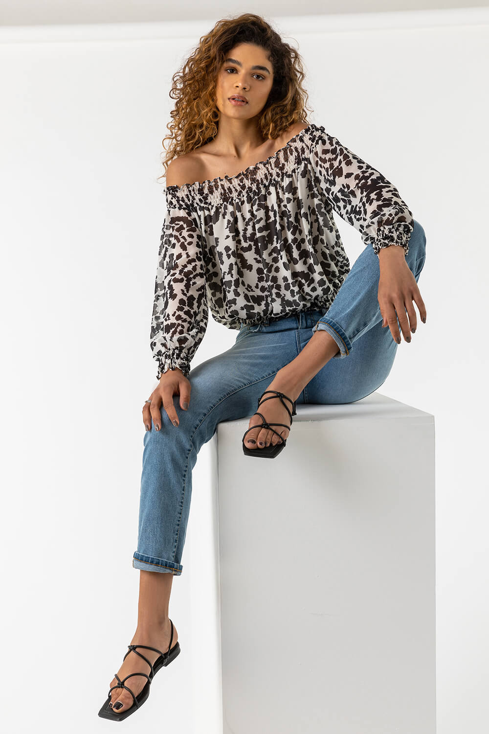 Ivory Shirred Animal Print Bardot Chiffon Top, Image 5 of 5