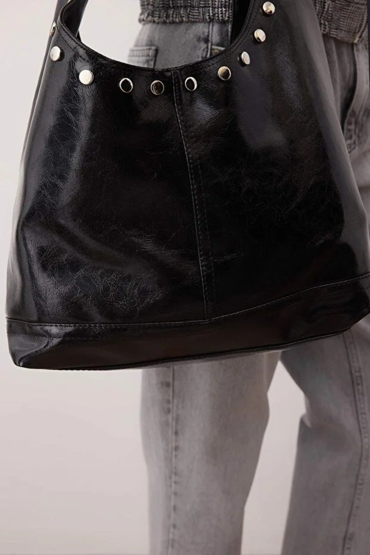 Black Oval Medium Shoulder Bag With Stud Detail, Image 2 of 2