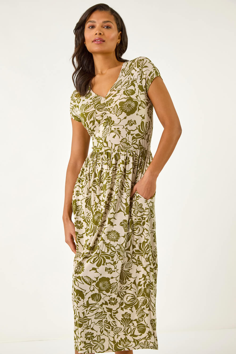 Khaki Floral Print Ruched Stretch Midi Dress, Image 3 of 5