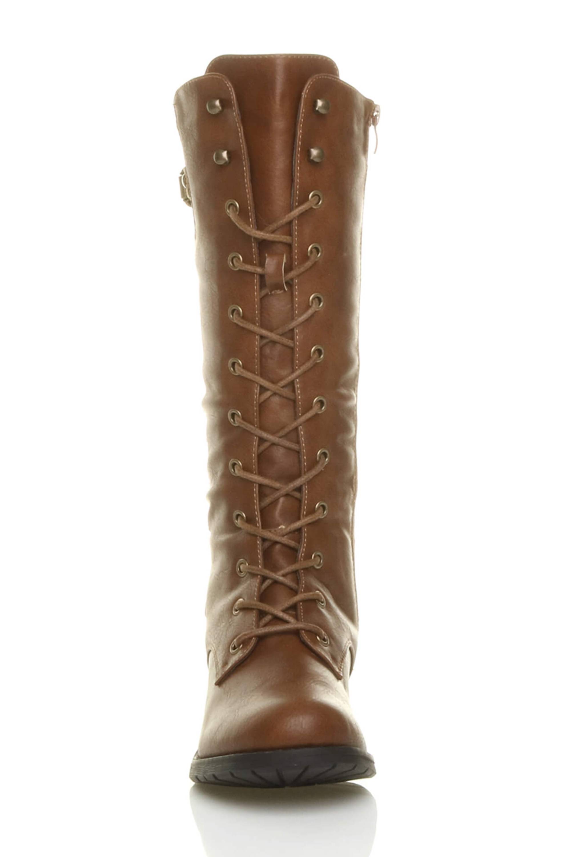 Tan Lace Up Calf Military Biker Boots, Image 6 of 6
