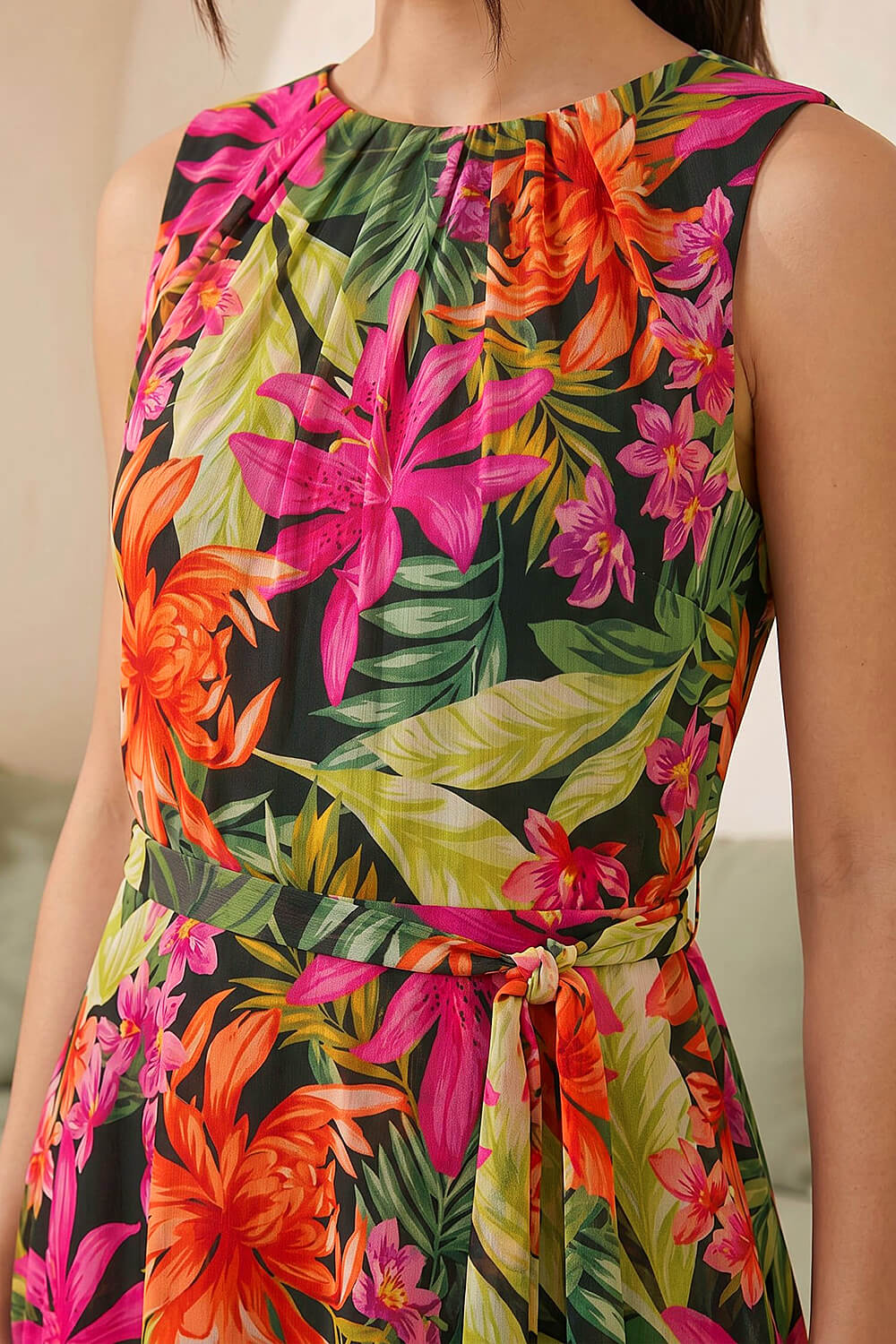 Black Leaf Print Chiffon Pleat Neck Midi Dress , Image 5 of 4
