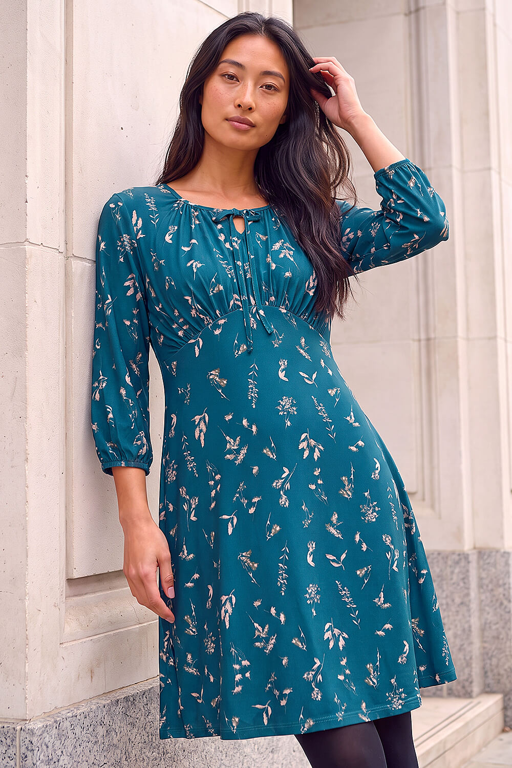 Roman Petite Women's Teal Floral Tie Front Stretch Dress Size 8