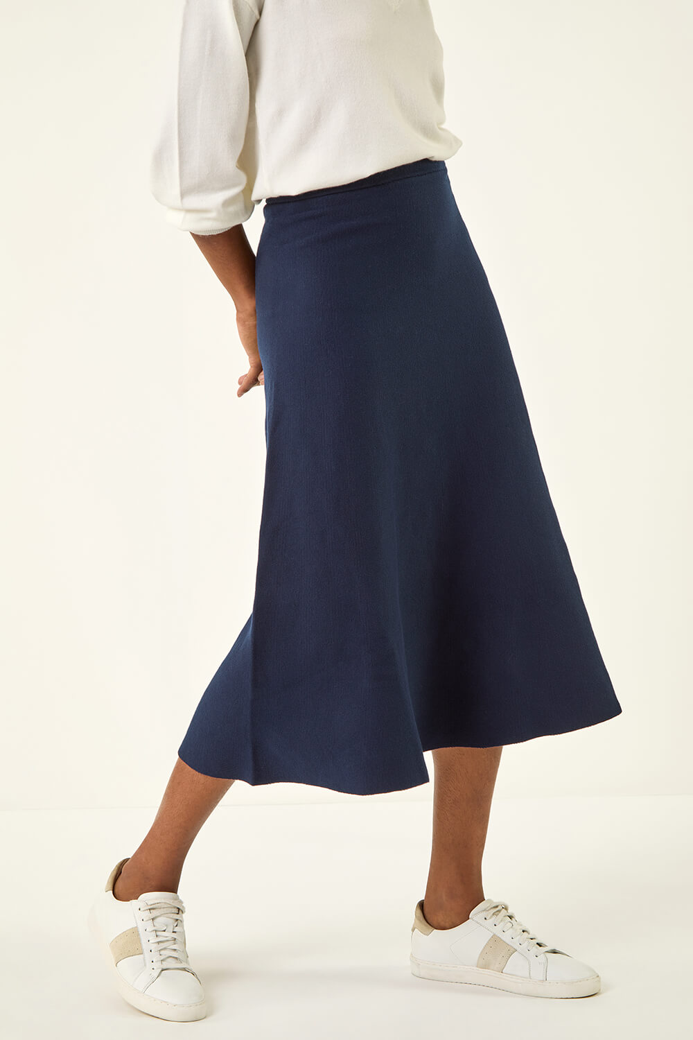 Midnight Blue Plain Elastic Waist Knitted A Line Midi Skirt, Image 1 of 5