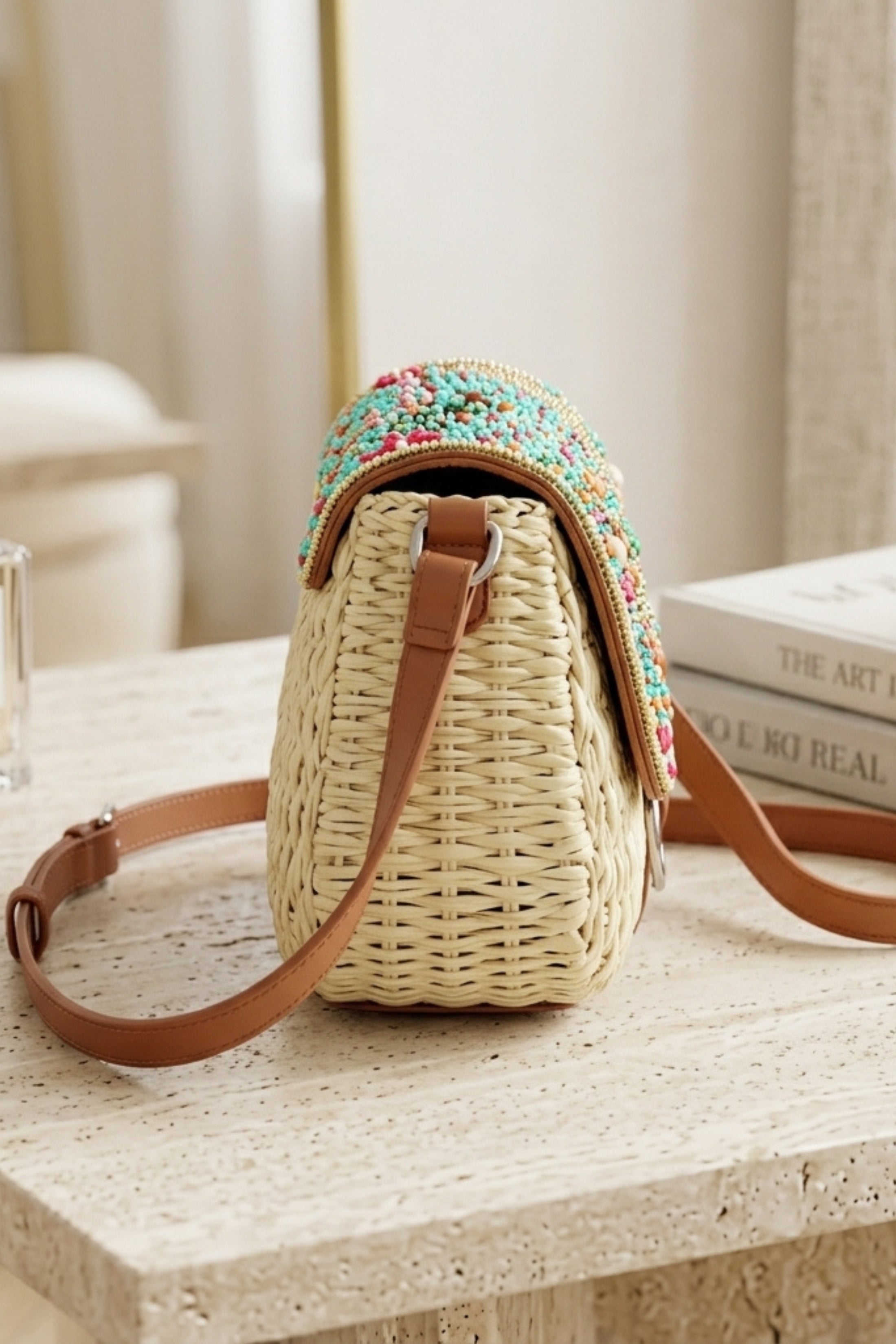 Beige Woven Beaded Flap Crossbody Bag - Wyaba, Image 2 of 3