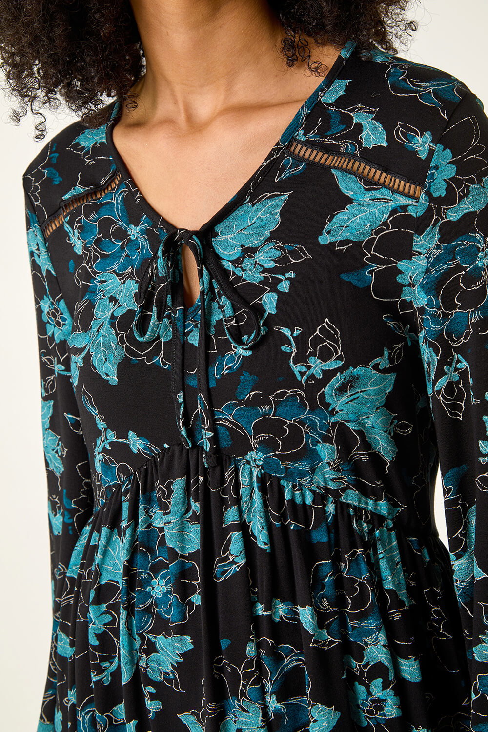 Blue Floral Print Ladder Trim Top, Image 6 of 5