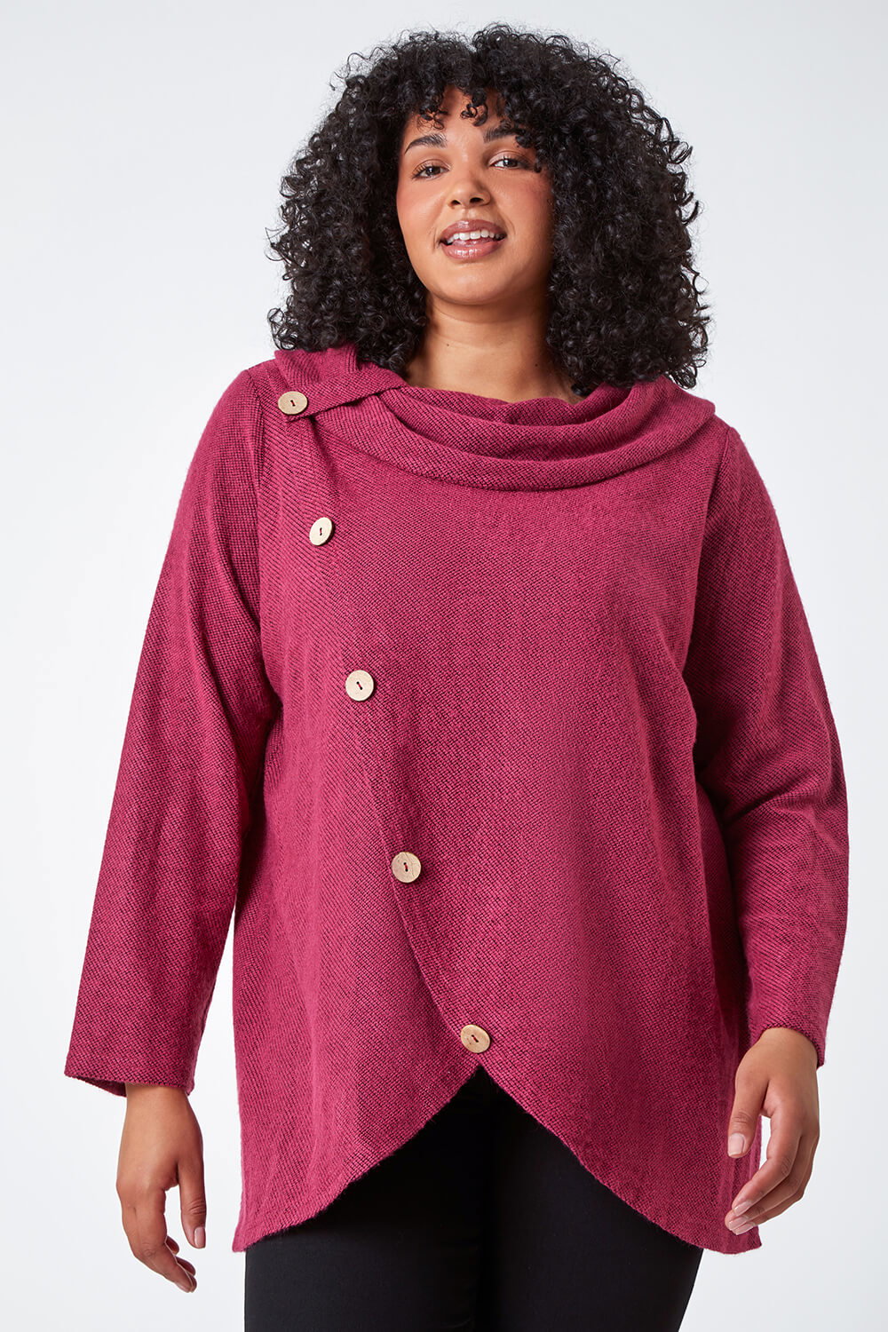 Fuchsia Curve Cowl Neck Button Wrap Top, Image 5 of 5