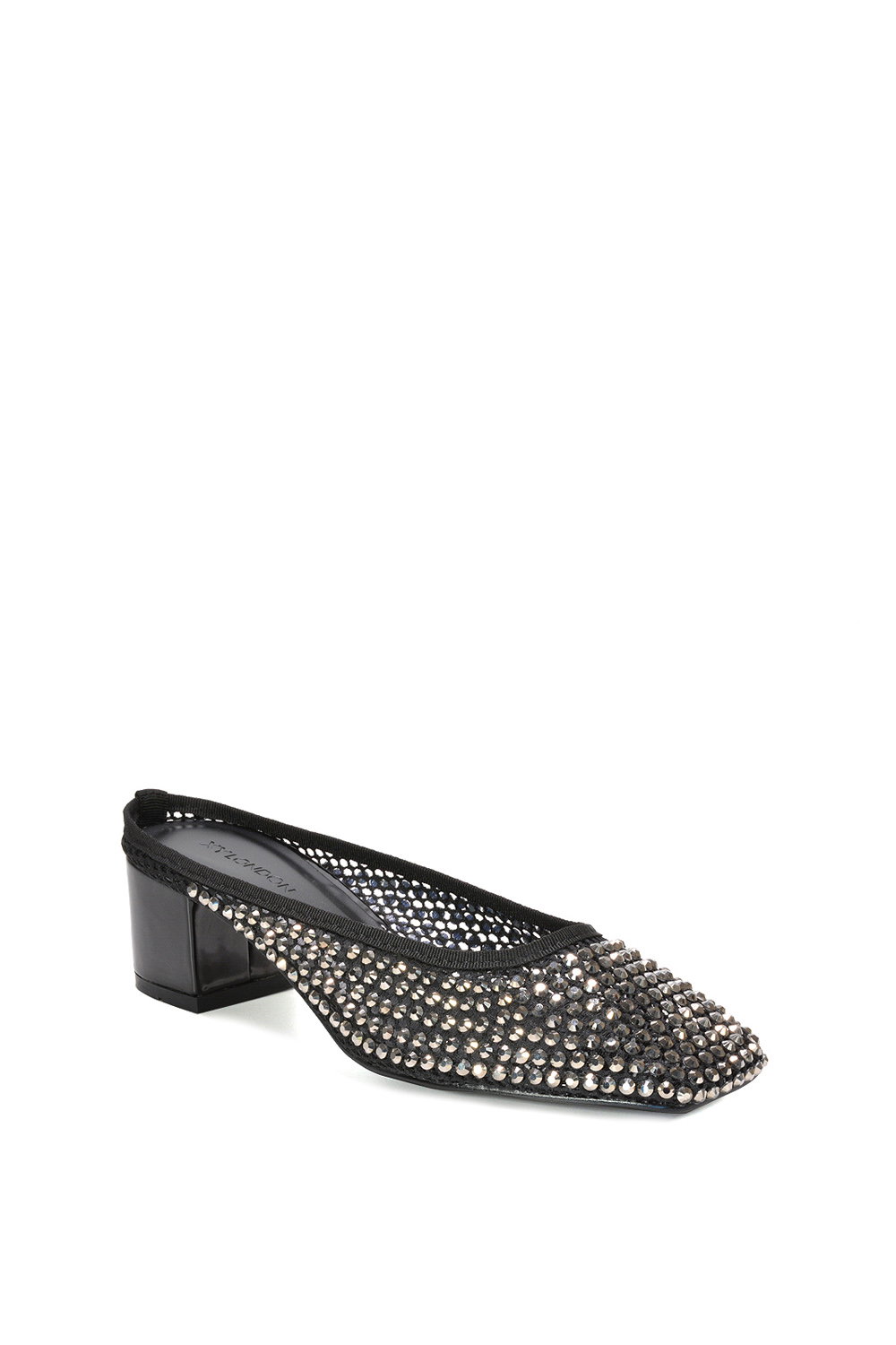 Black XY LONDON Black 'Brooklyn' Square Toe Court Shoe Mule Block Heels With Crystal Mesh, Image 2 of 6