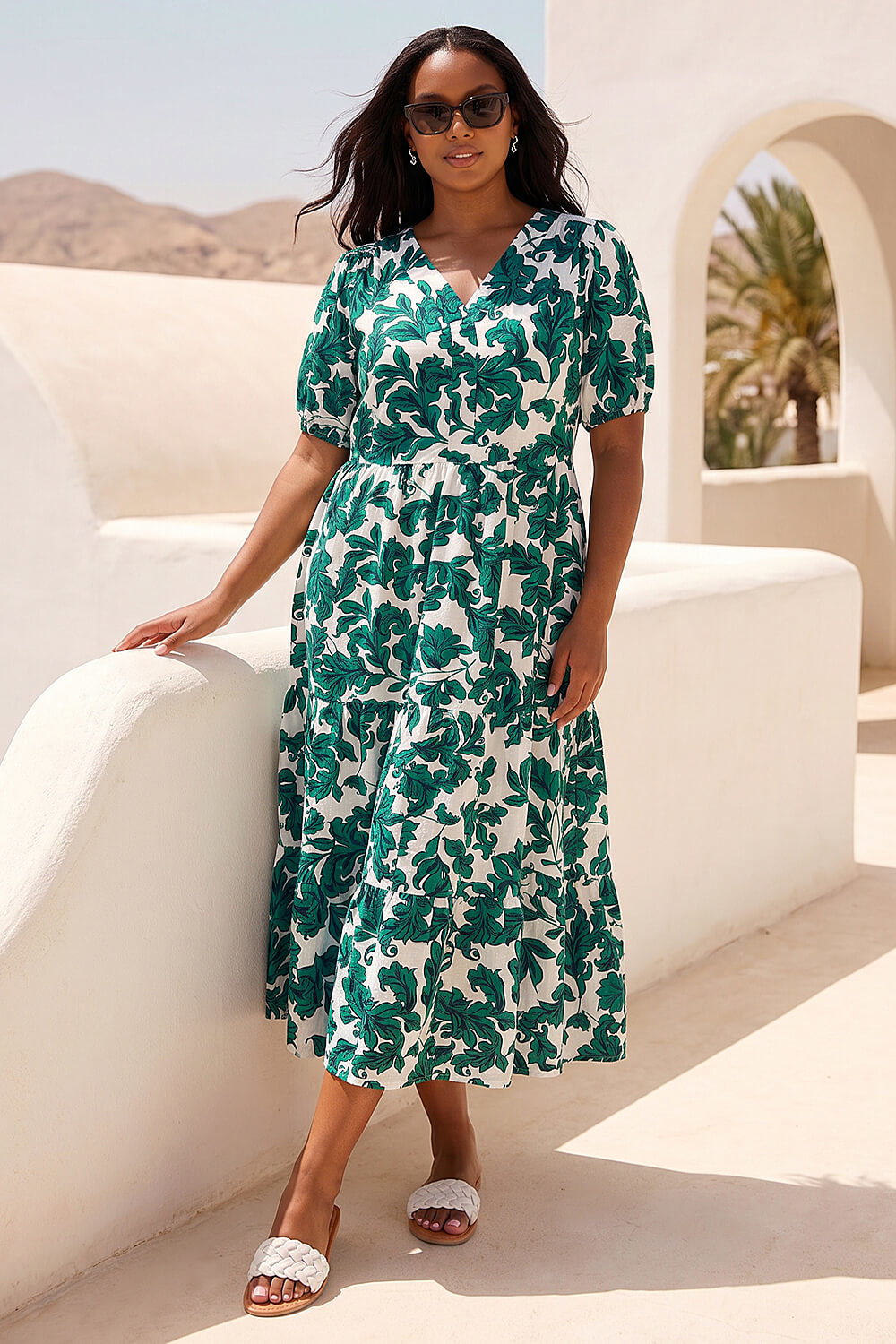 Green Curve Floral Print Dress, Image 3 of 4