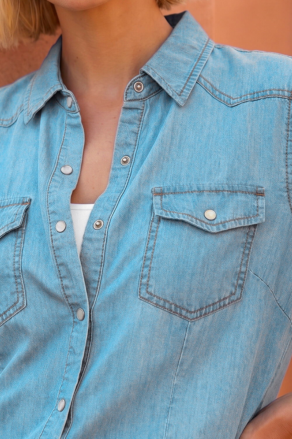 Light Blue Denim Front Pocket Shirt, Image 5 of 4