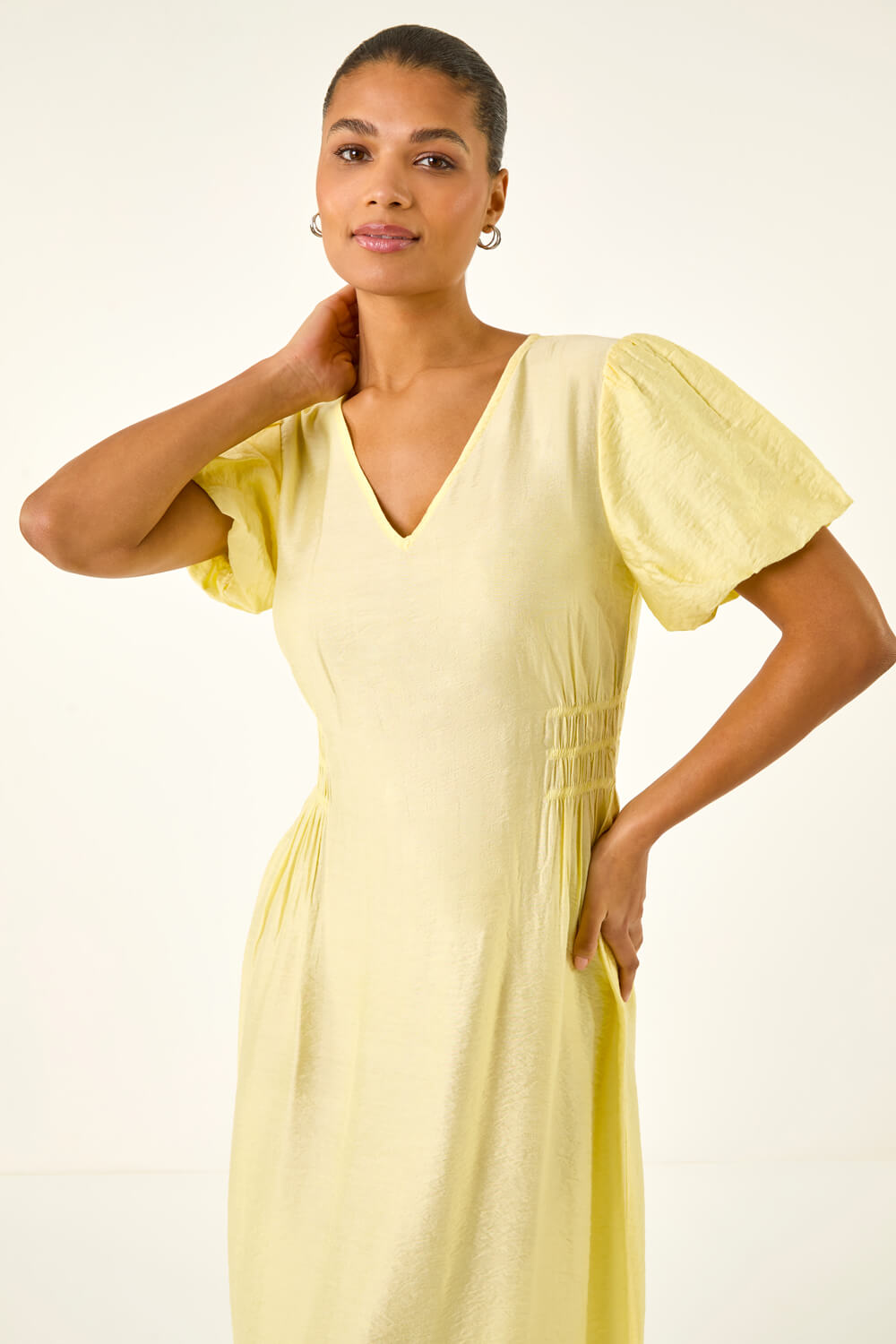 Yellow Balloon Sleeve Midi Dress, Image 6 of 6