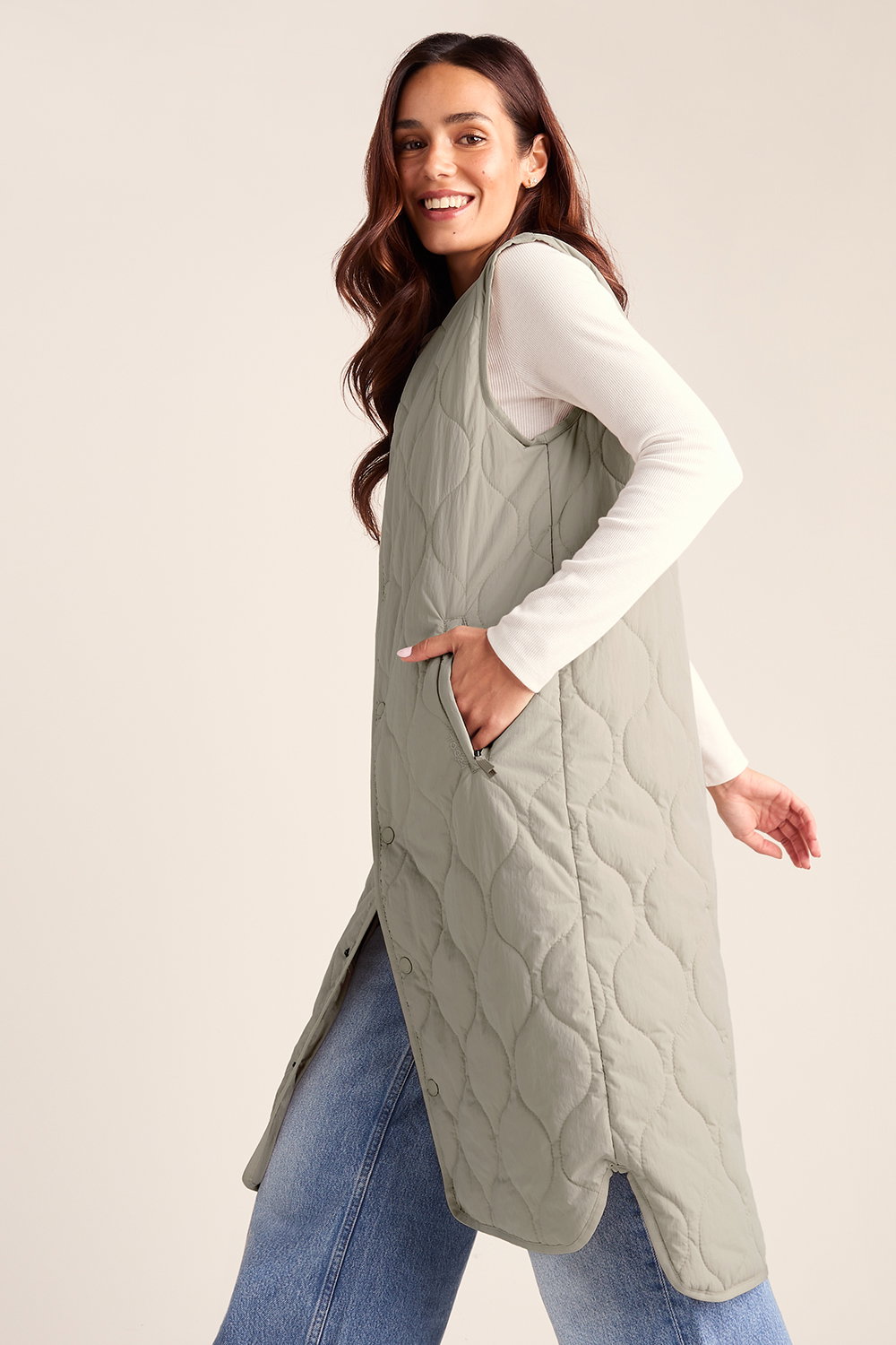 Beige Jena Relaxed Fit Long Insulated Gilet, Image 5 of 6