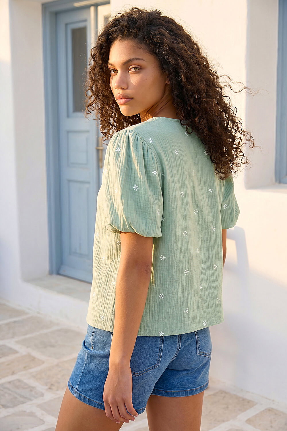 Green Petite Embroidered V-Neck Top, Image 3 of 4