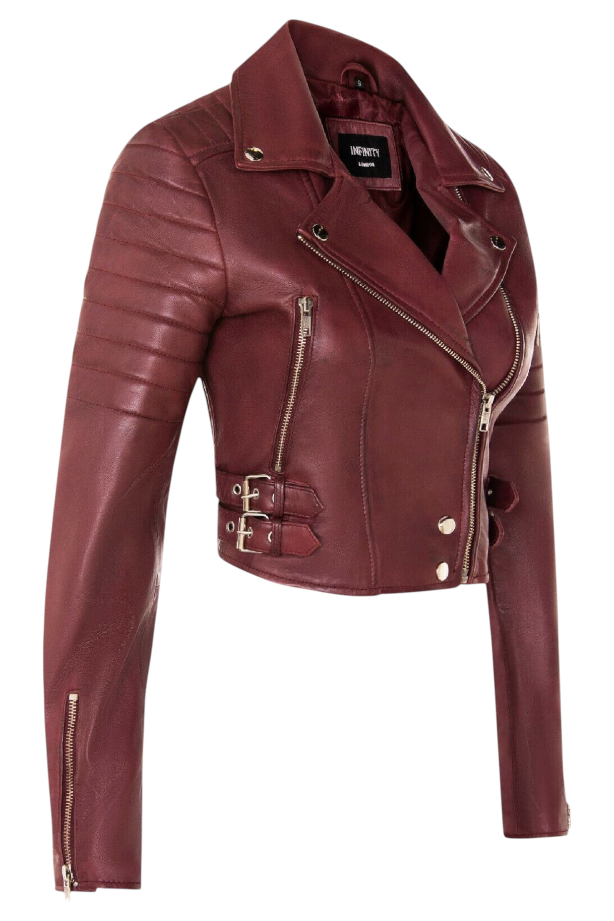 Burgundy Cropped Brando Leather Biker Jacket, Image 4 of 7