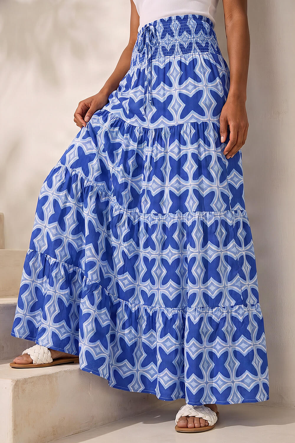 Roman Women's Navy Tile Print Shirred Maxi Skirt Size 14