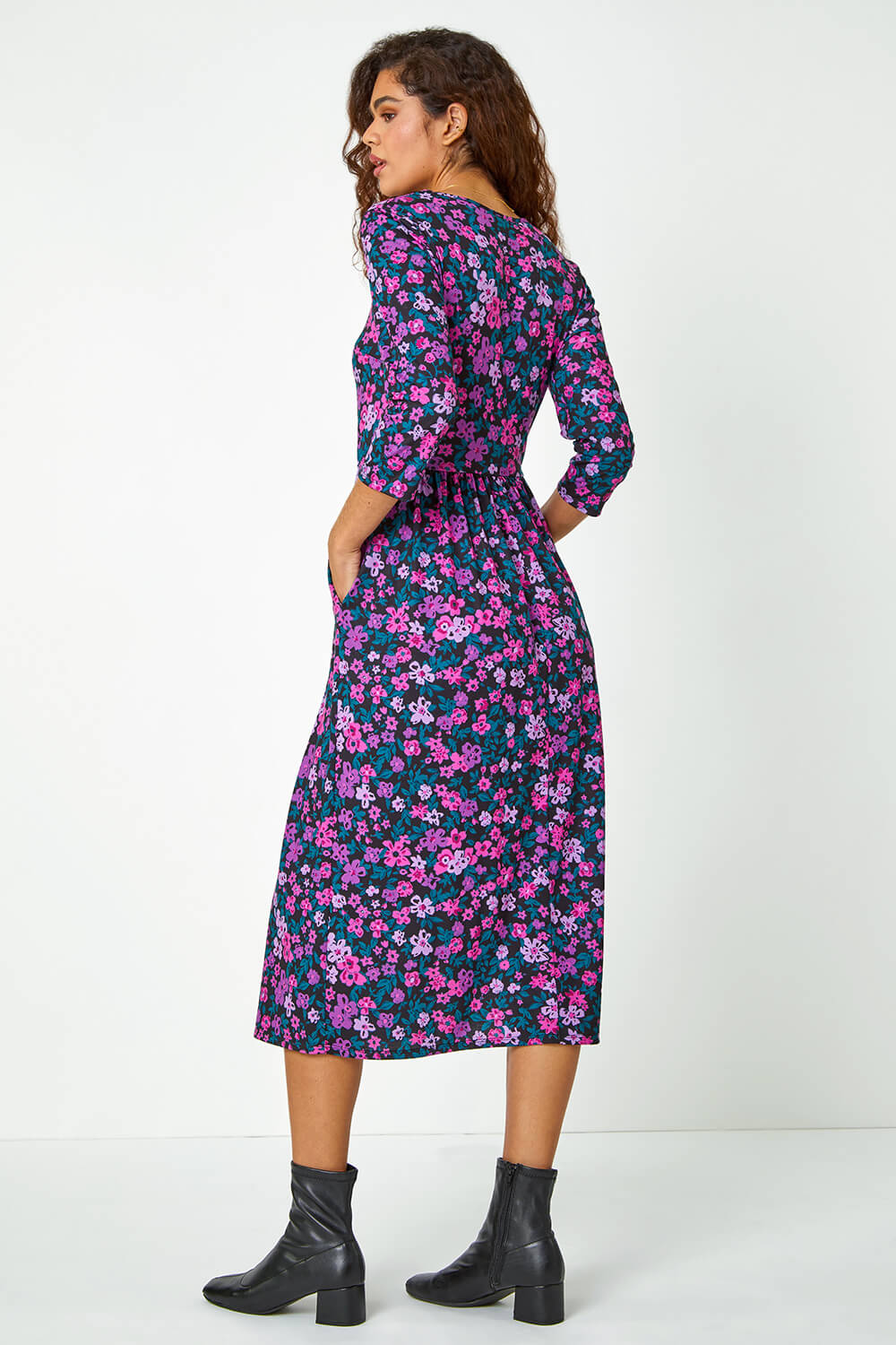 Purple Floral Print Midi Stretch Dress, Image 4 of 5