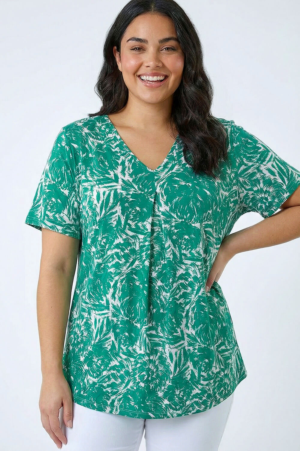 Roman Curve Women's Green Abstract Print V-Neck Top Size 30-32