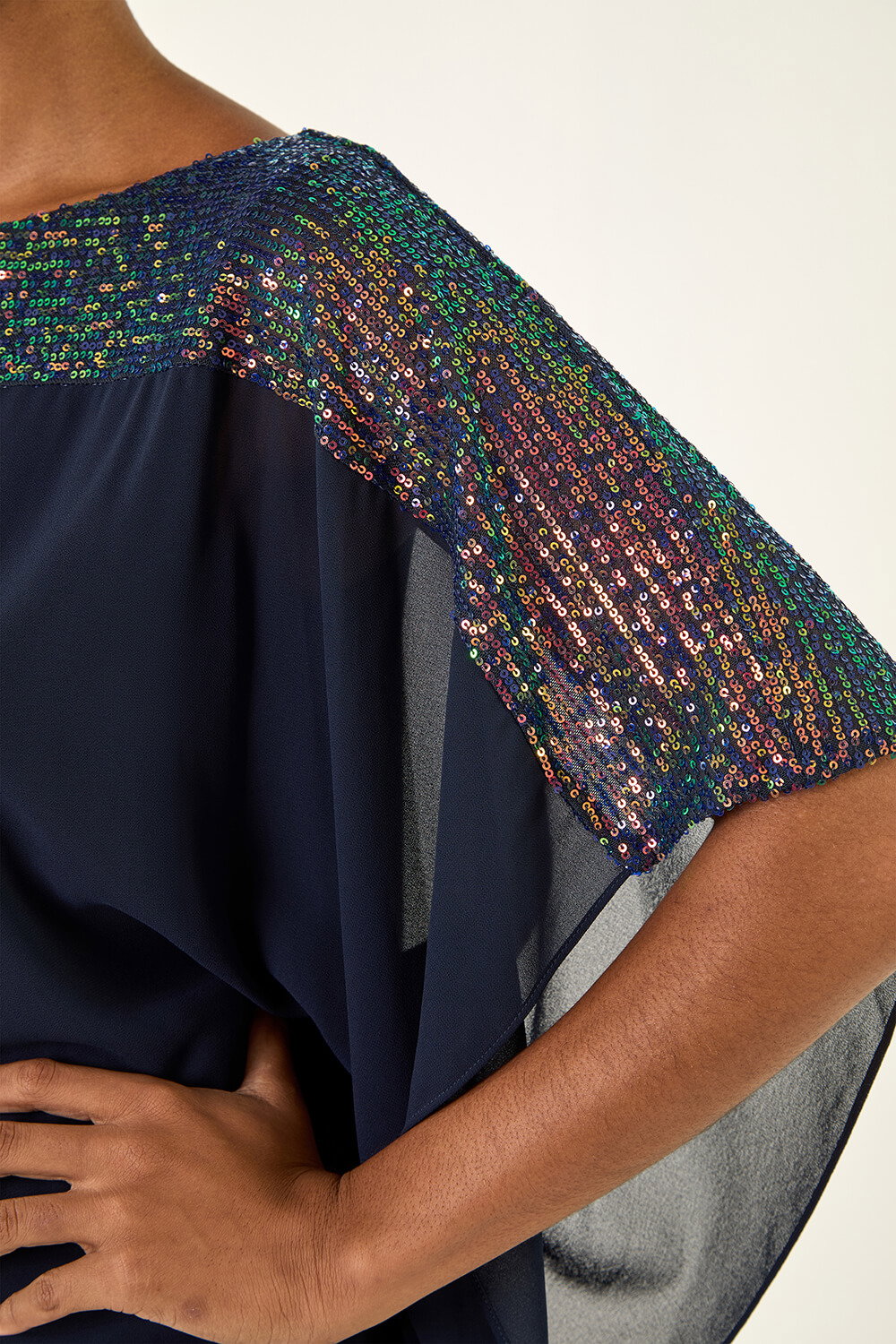 Navy Sequin Yoke Contrast Chiffon Top, Image 6 of 5